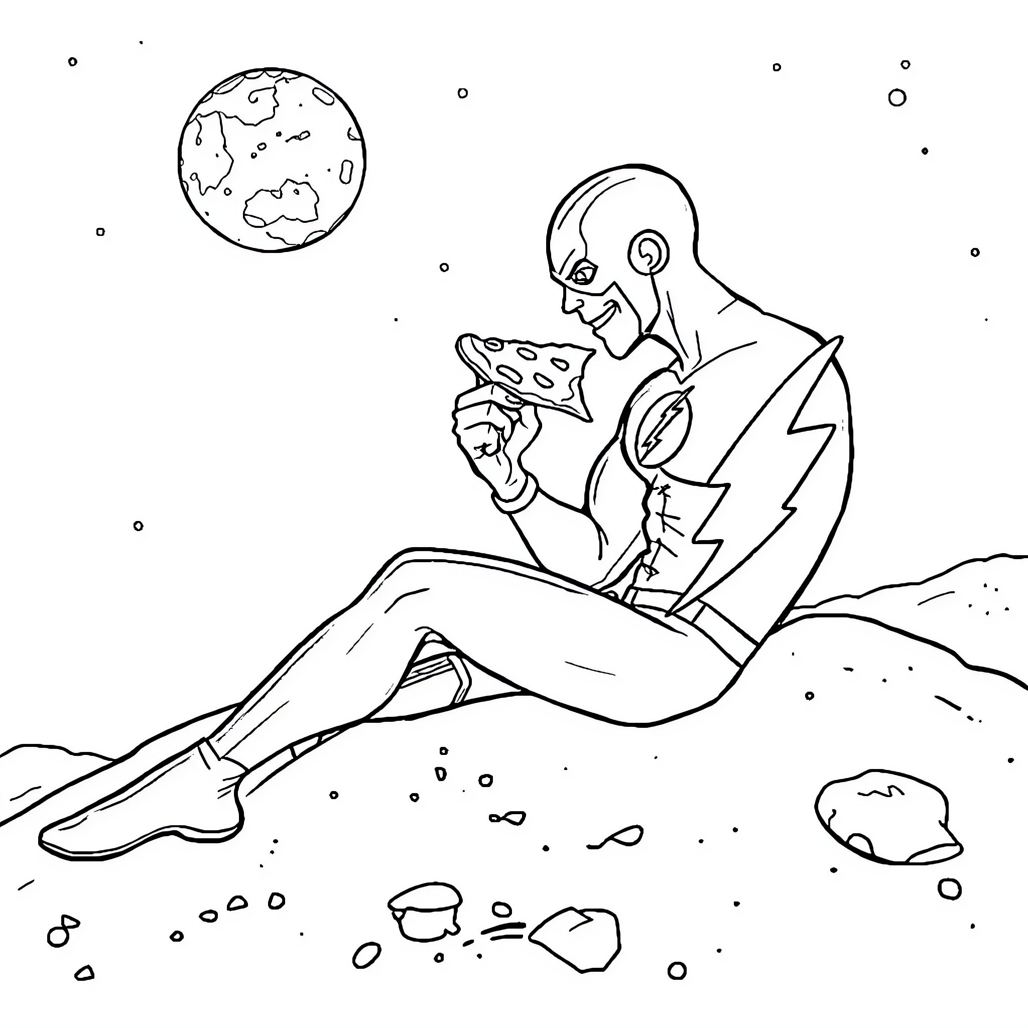 Flash Superhero Contemplating Earth from Distant Planet Coloring Page (free black-and-white line drawing printable PDF for all, from beginners to advanced learners, including children, teens, adults, and seniors)