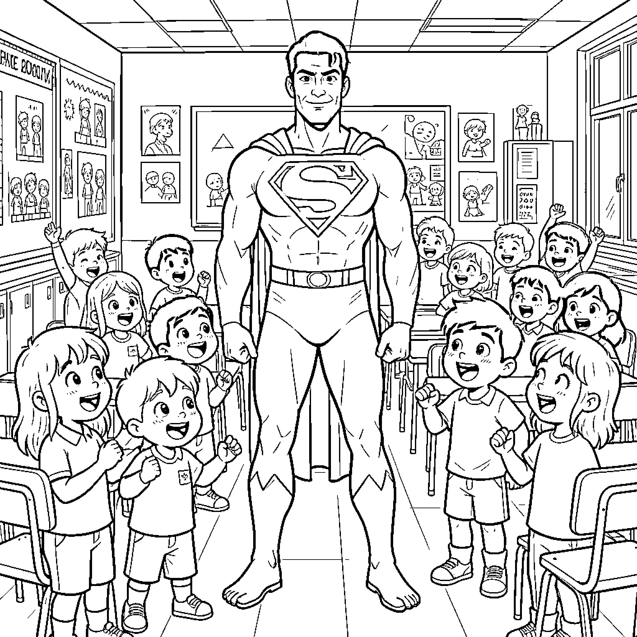 Superman standing heroically among happy children in a classroom Coloring Page (free black-and-white line drawing printable PDF for all, from beginners to advanced learners, including children, teens, adults, and seniors)