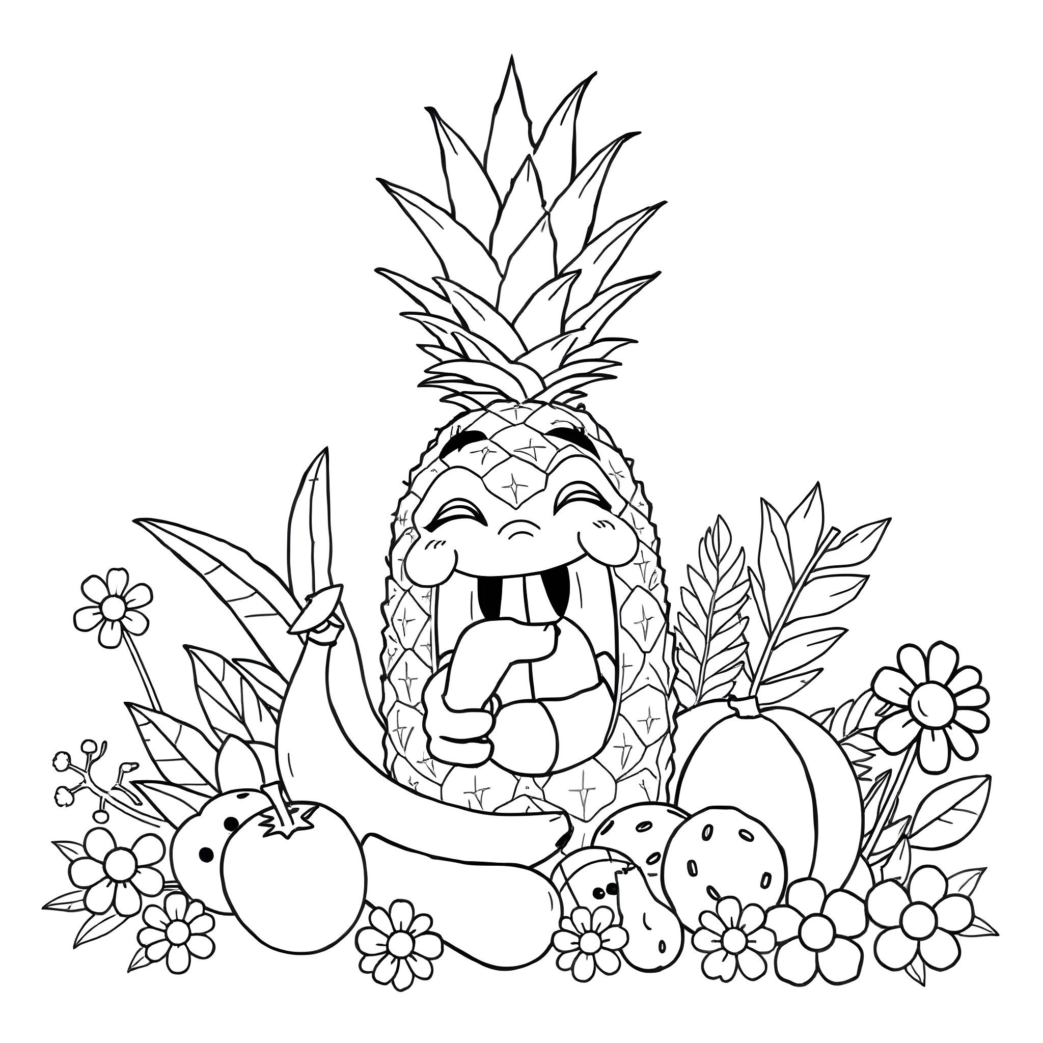 Monster Fruit and Flowers in Vibrant Scene Coloring Page (free black-and-white line drawing printable PDF for all, from beginners to advanced learners, including children, teens, adults, and seniors)