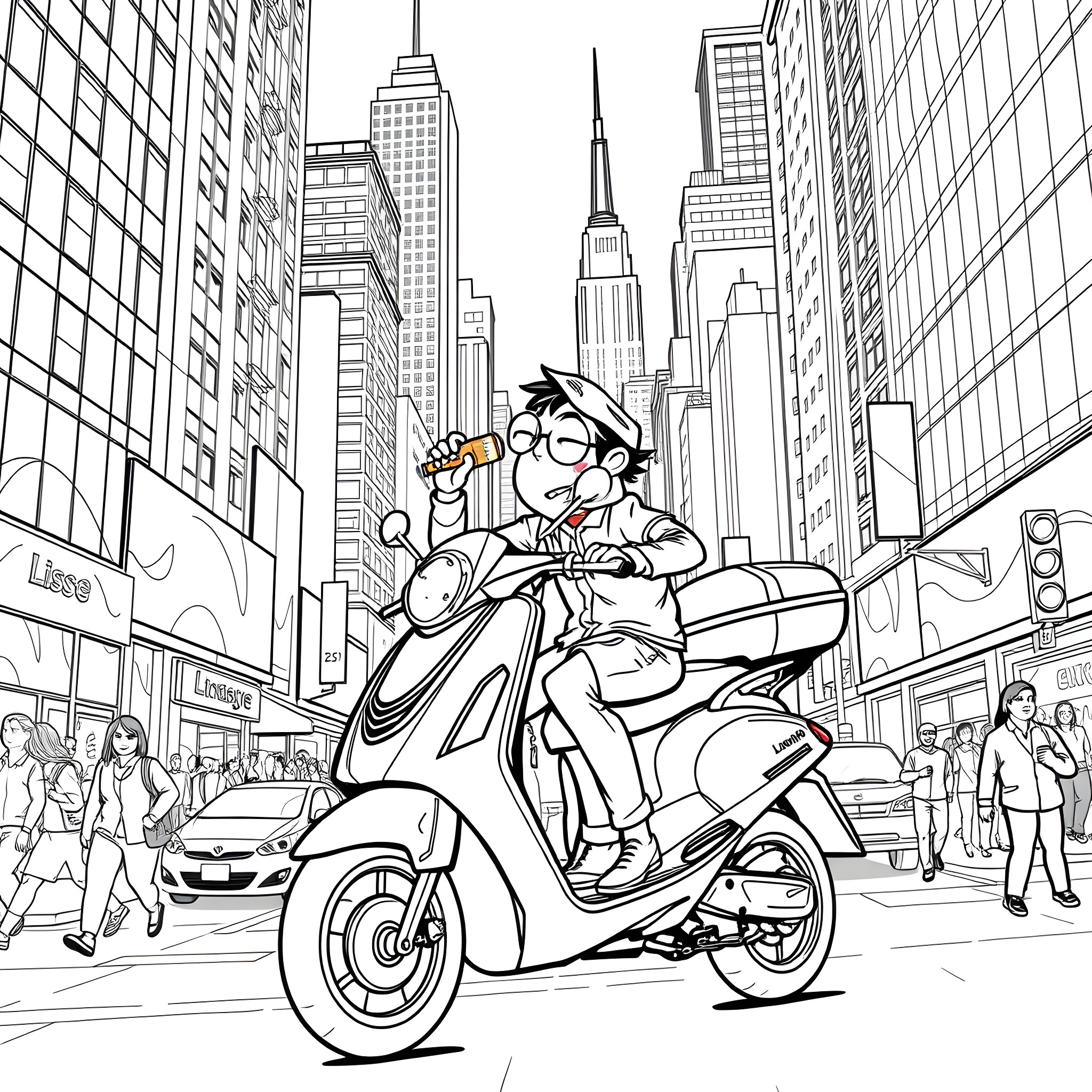 Toge Inumaki riding a scooter in a bustling city Coloring Page (free black-and-white line drawing printable PDF for all, from beginners to advanced learners, including children, teens, adults, and seniors)