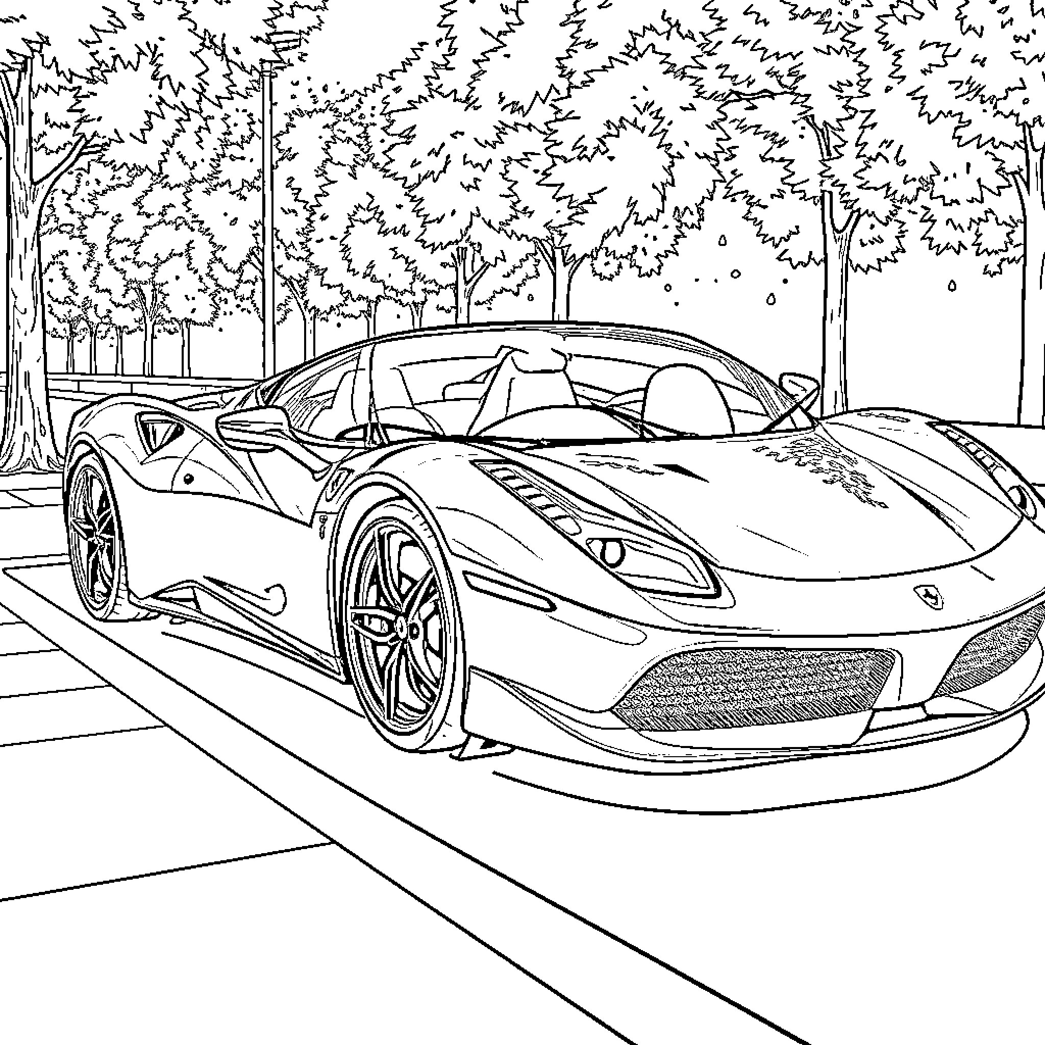 Ferrari Sports Car in the Forest Coloring Page (free black-and-white line drawing printable PDF for all, from beginners to advanced learners, including children, teens, adults, and seniors)