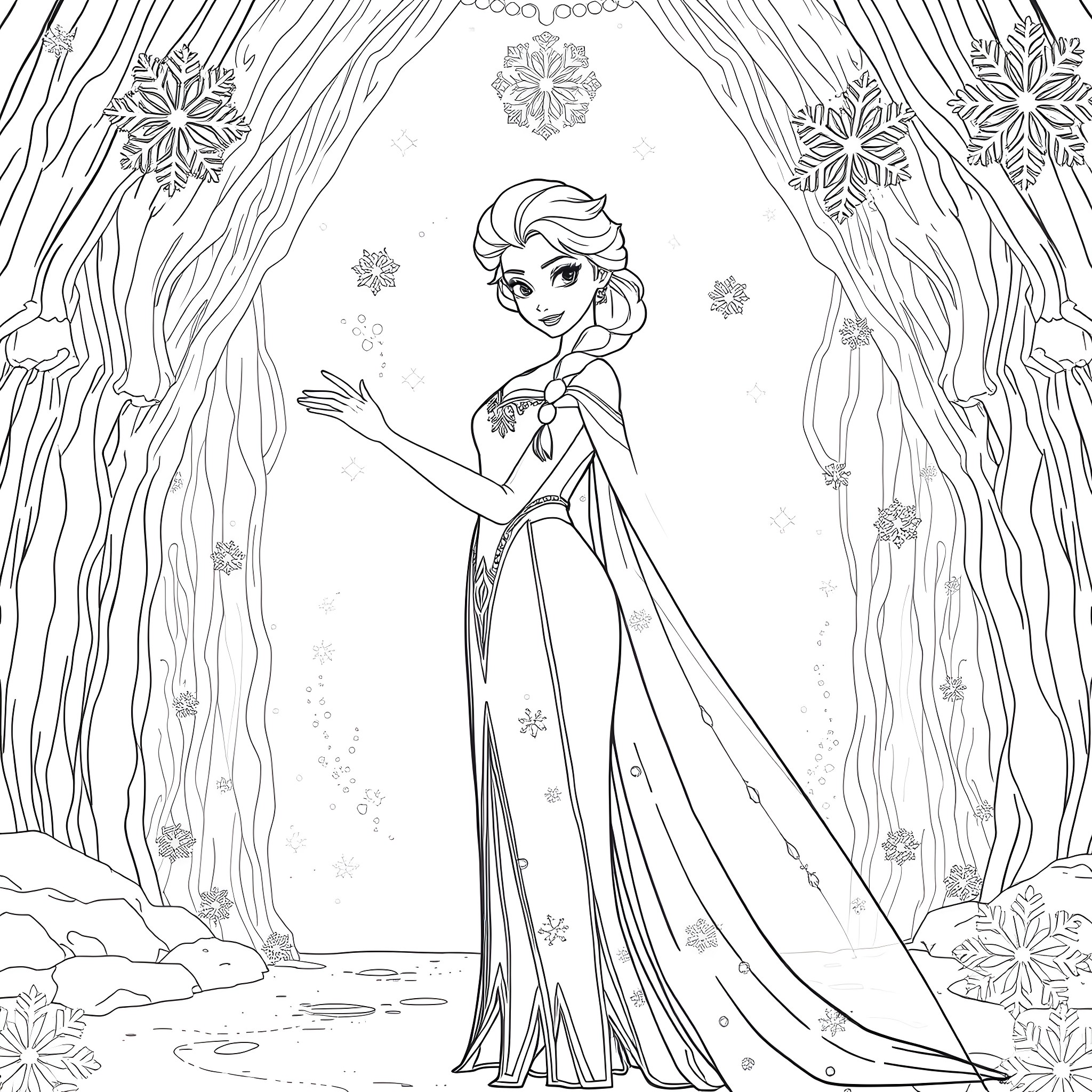 Elsa's Enchanting Wintry Wonder Coloring Page (free black-and-white line drawing printable PDF for all, from beginners to advanced learners, including children, teens, adults, and seniors)