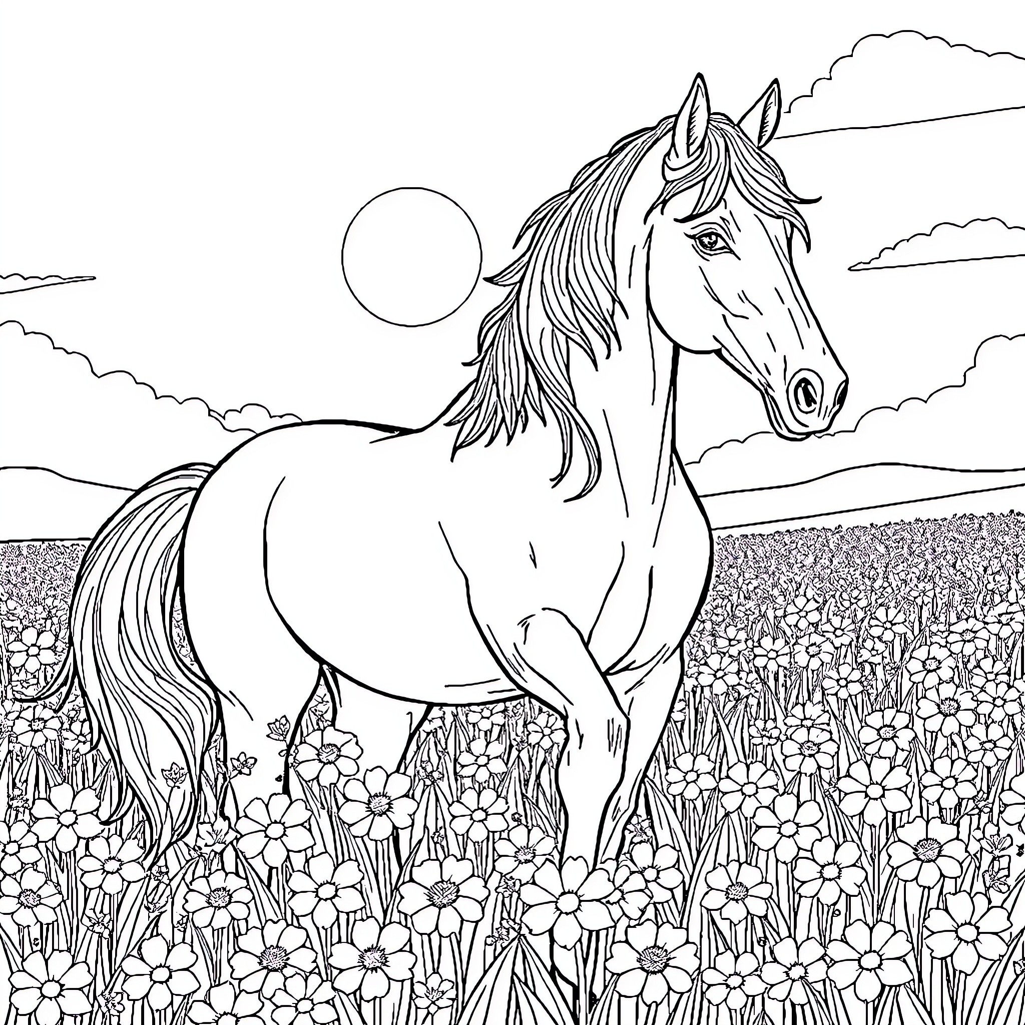 Horse standing in a field of flowers under the moon Coloring Page (free black-and-white line drawing printable PDF for all, from beginners to advanced learners, including children, teens, adults, and seniors)