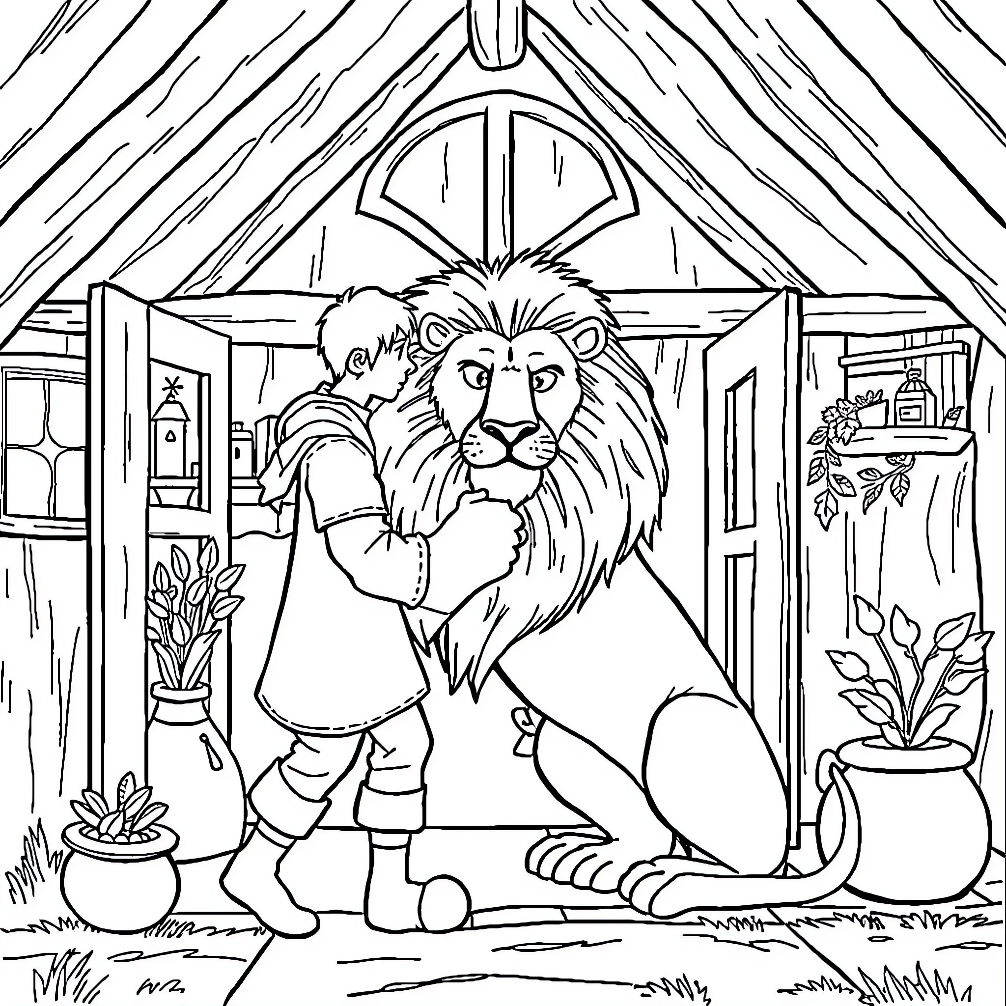 Lion guarding a cozy cottage Coloring Page (free black-and-white line drawing printable PDF for all, from beginners to advanced learners, including children, teens, adults, and seniors)