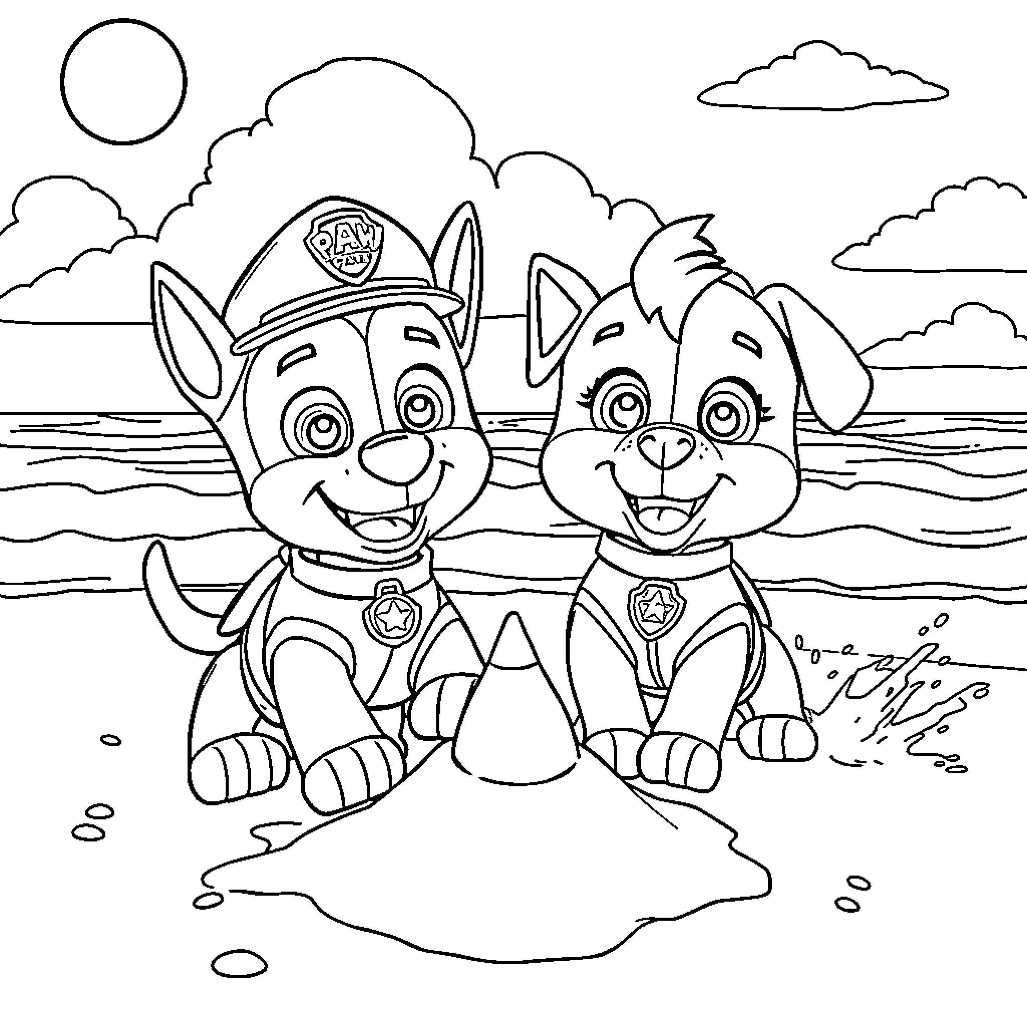 Paw Patrol pups playing in the water Coloring Page (free black-and-white line drawing printable PDF for all, from beginners to advanced learners, including children, teens, adults, and seniors)