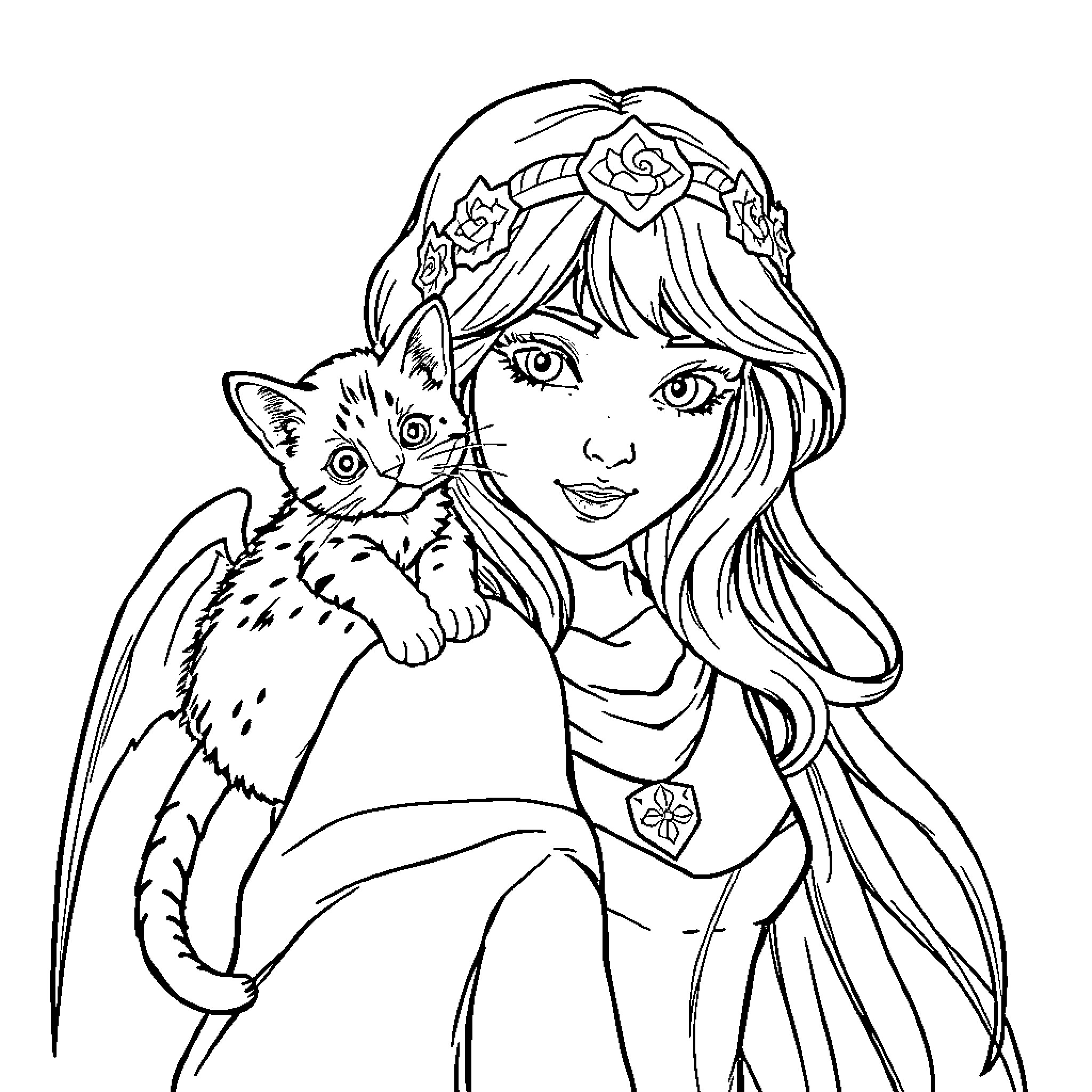 Merlina's Friendly Encounter with a Playful Kitten Coloring Page (free black-and-white line drawing printable PDF for all, from beginners to advanced learners, including children, teens, adults, and seniors)