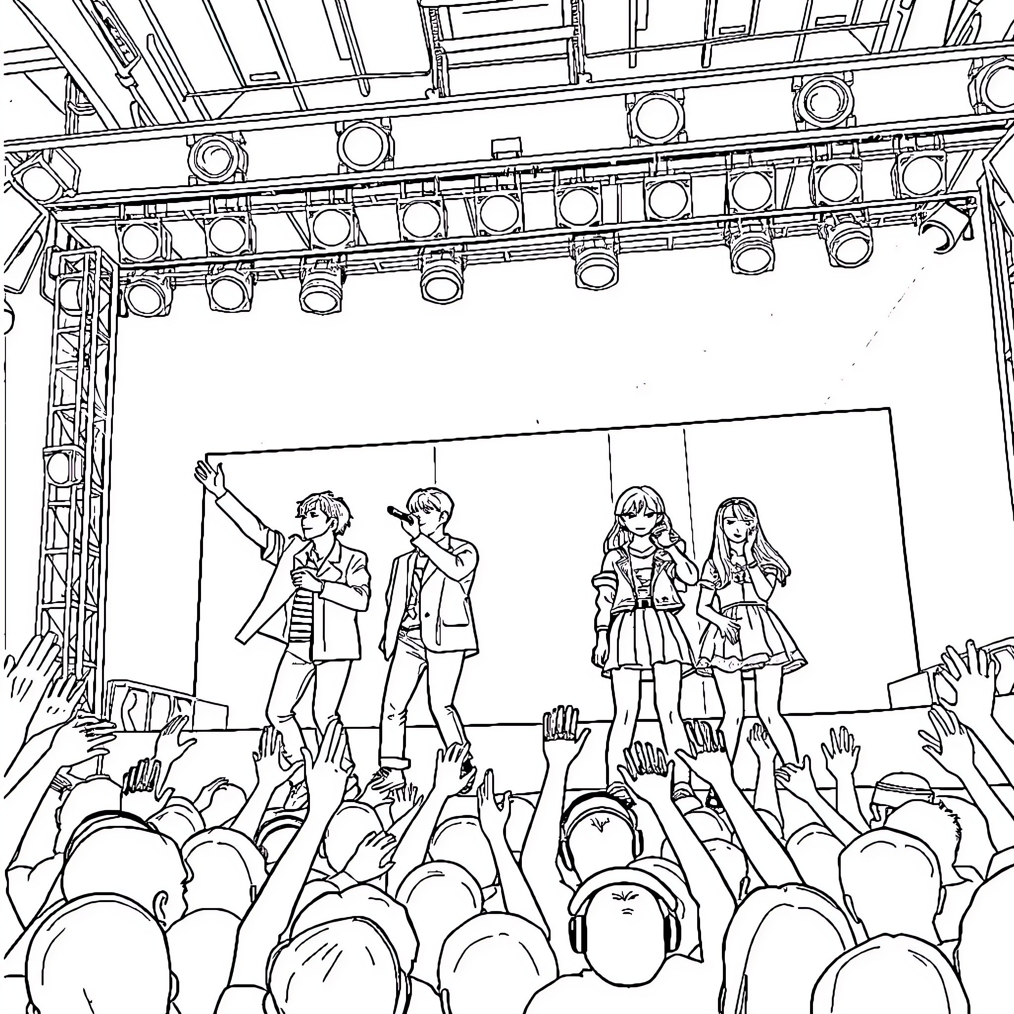 Stray Kids Performing Energetically on Stage Coloring Page (free black-and-white line drawing printable PDF for all, from beginners to advanced learners, including children, teens, adults, and seniors)