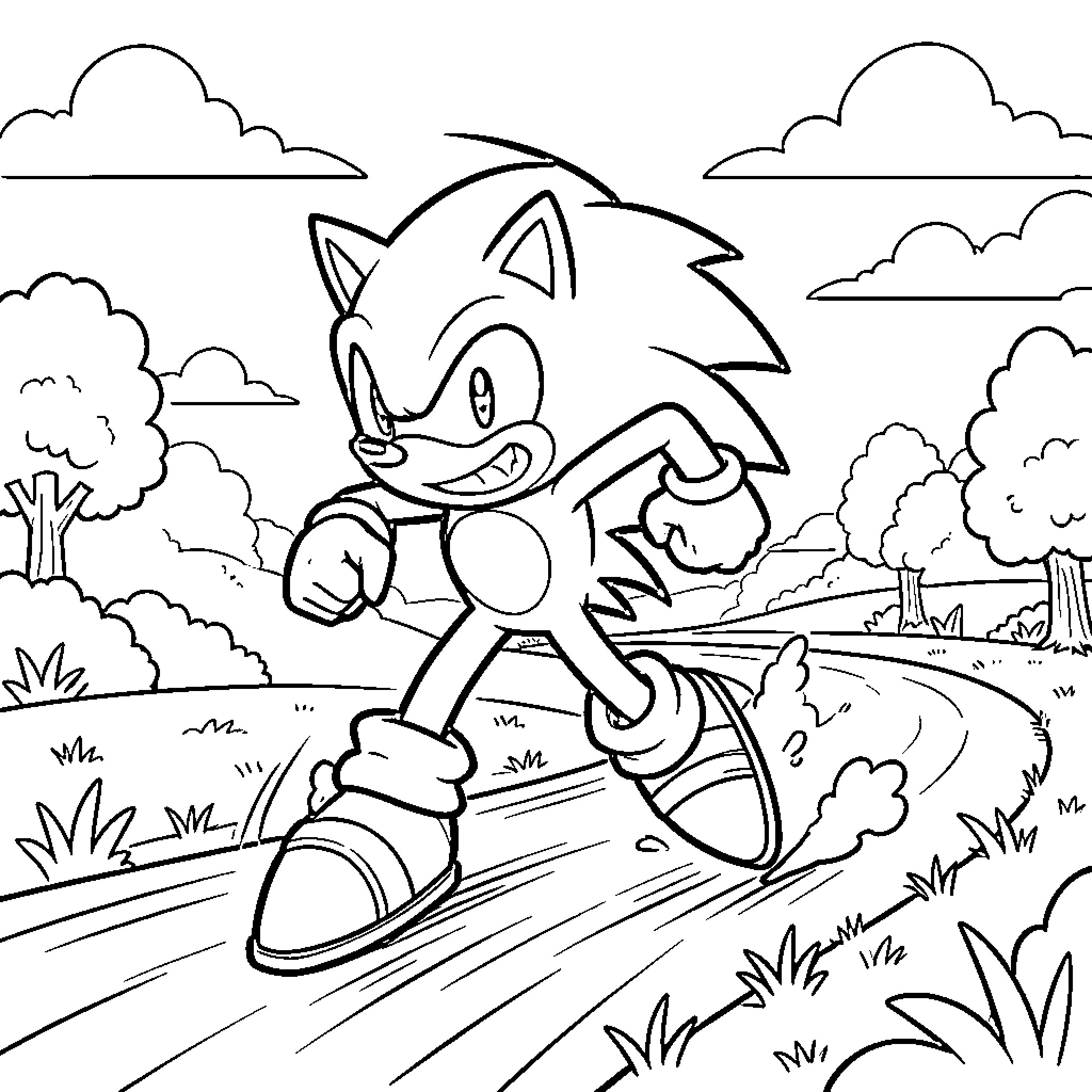 Sonic running fast along a winding path Coloring Page (free black-and-white line drawing printable PDF for all, from beginners to advanced learners, including children, teens, adults, and seniors)