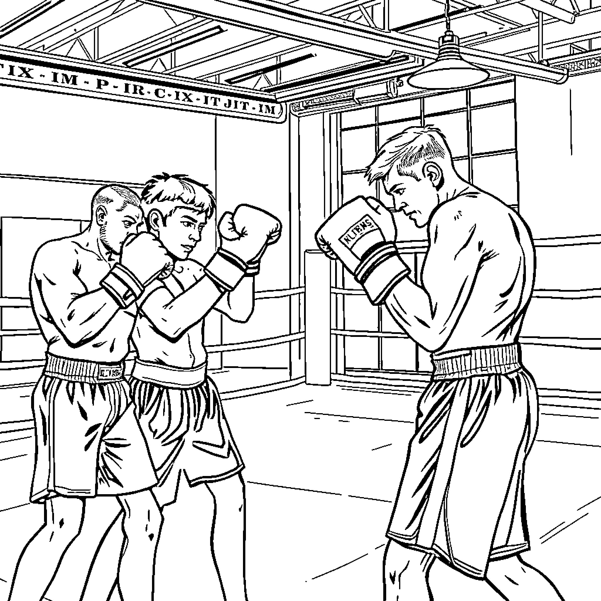 Boxers training intensely in the ring Coloring Page (free black-and-white line drawing printable PDF for all, from beginners to advanced learners, including children, teens, adults, and seniors)