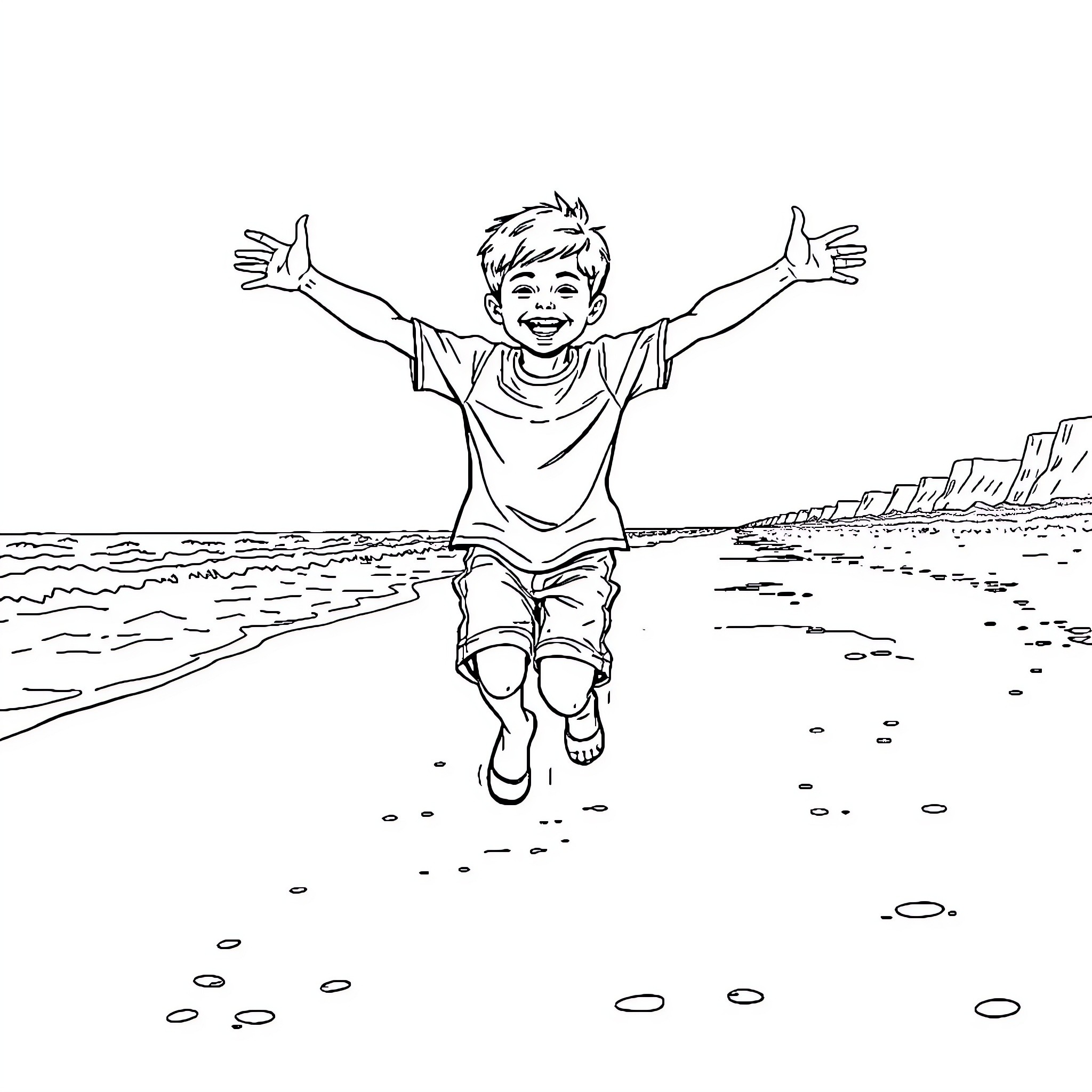 Boy Running Happily on the Beach Coloring Page (free black-and-white line drawing printable PDF for all, from beginners to advanced learners, including children, teens, adults, and seniors)