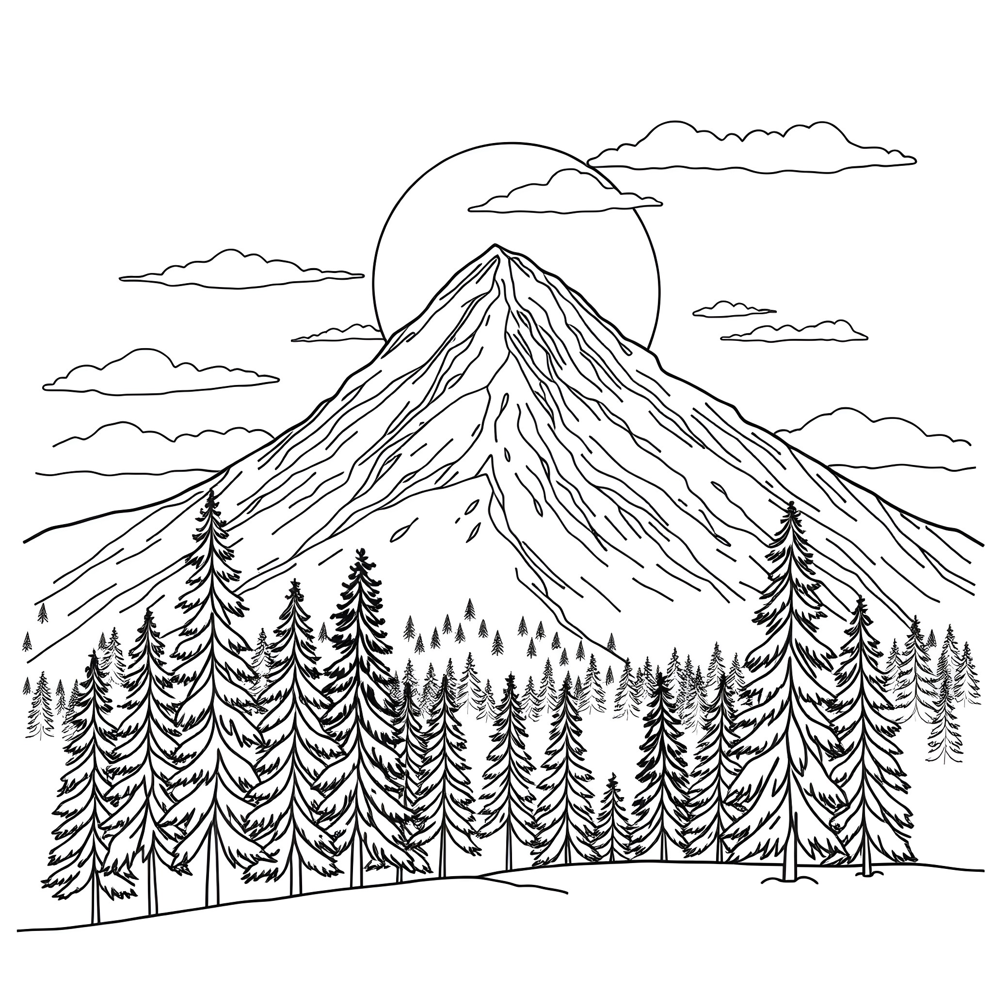 Mountain Landscape with Snowy Peak and Pine Trees Coloring Page (free black-and-white line drawing printable PDF for all, from beginners to advanced learners, including children, teens, adults, and seniors)