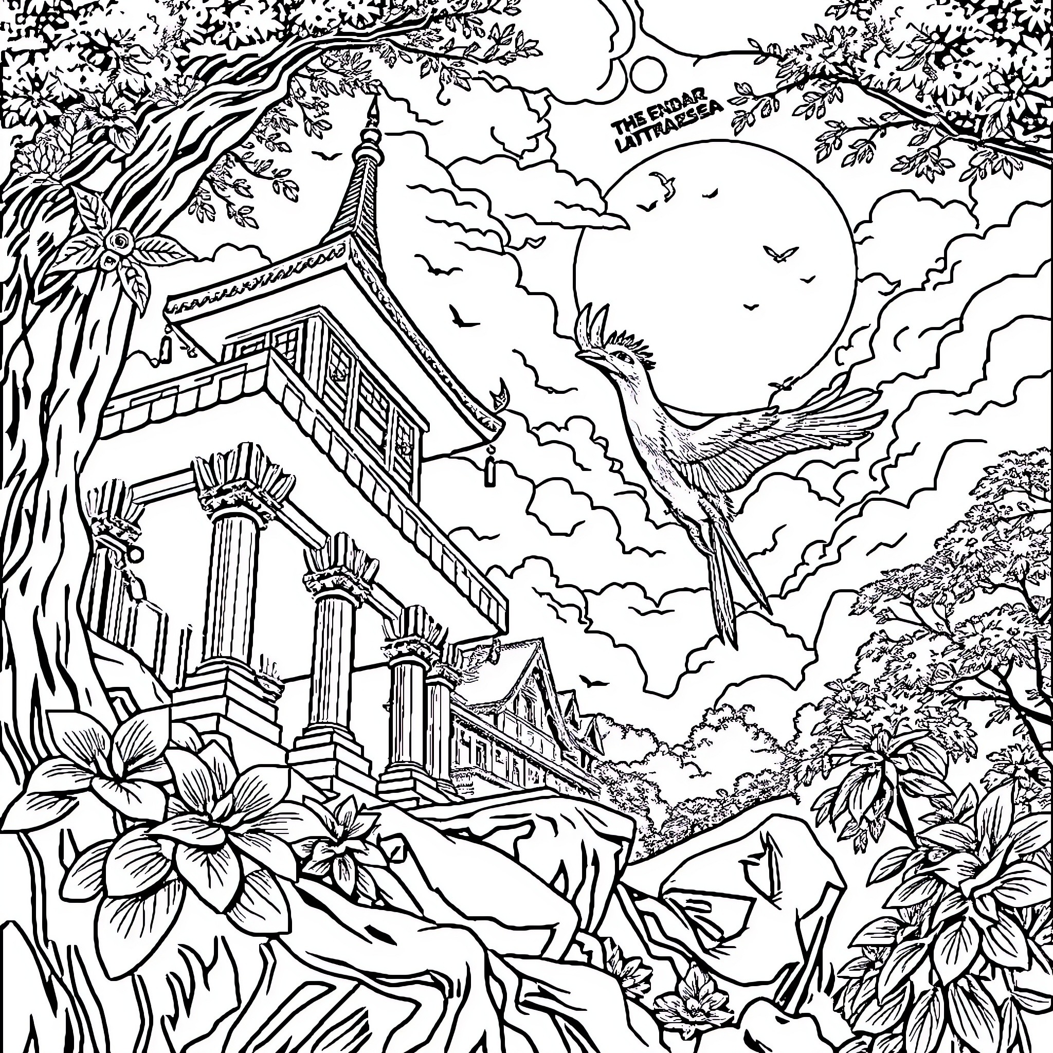 Hiu Temple in the Enchanting Wilderness Coloring Page (free black-and-white line drawing printable PDF for all, from beginners to advanced learners, including children, teens, adults, and seniors)