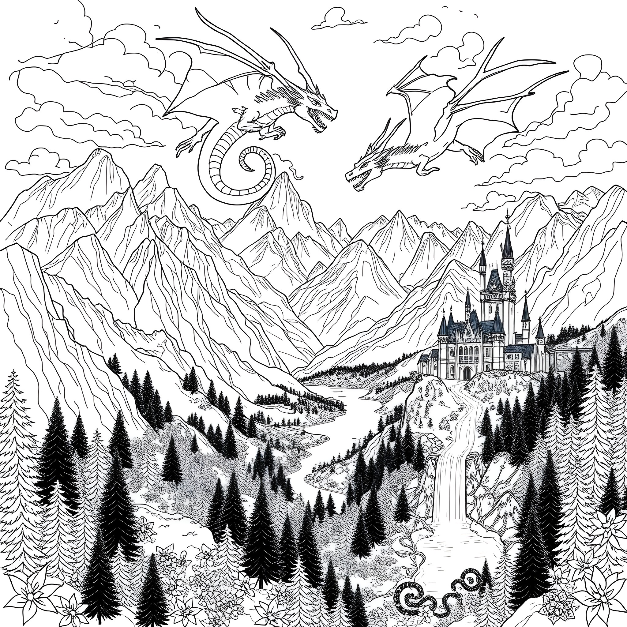 Dragon Warriors Soaring Over Fantastical Landscape Coloring Page (free black-and-white line drawing printable PDF for all, from beginners to advanced learners, including children, teens, adults, and seniors)