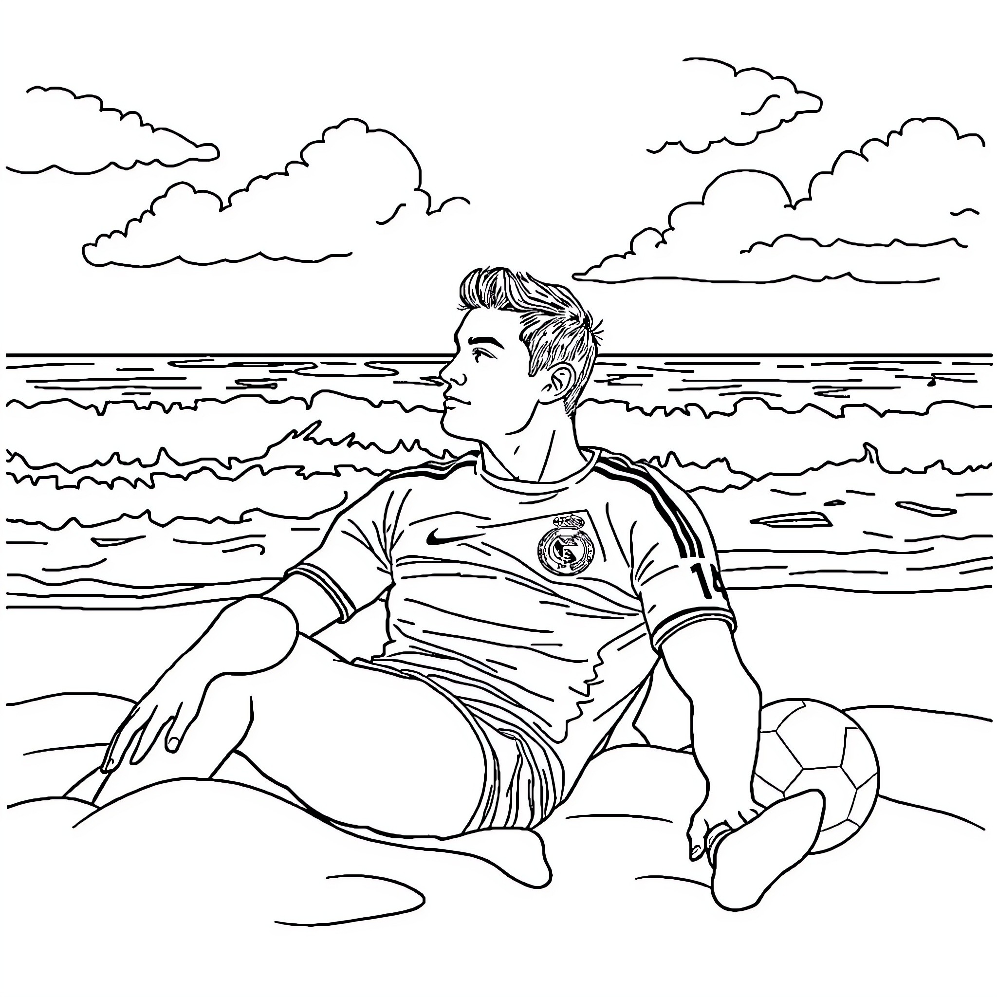 Ronaldo sitting on the beach with a soccer ball Coloring Page (free black-and-white line drawing printable PDF for all, from beginners to advanced learners, including children, teens, adults, and seniors)