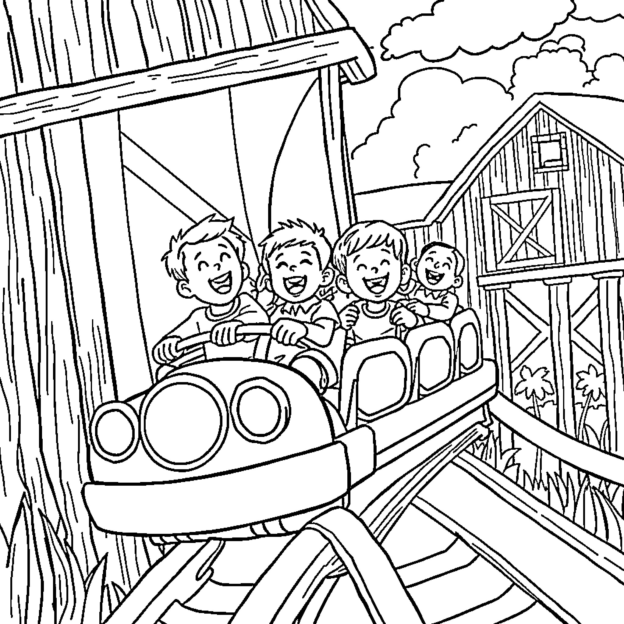 Children riding a rollercoaster at the farm Coloring Page (free black-and-white line drawing printable PDF for all, from beginners to advanced learners, including children, teens, adults, and seniors)