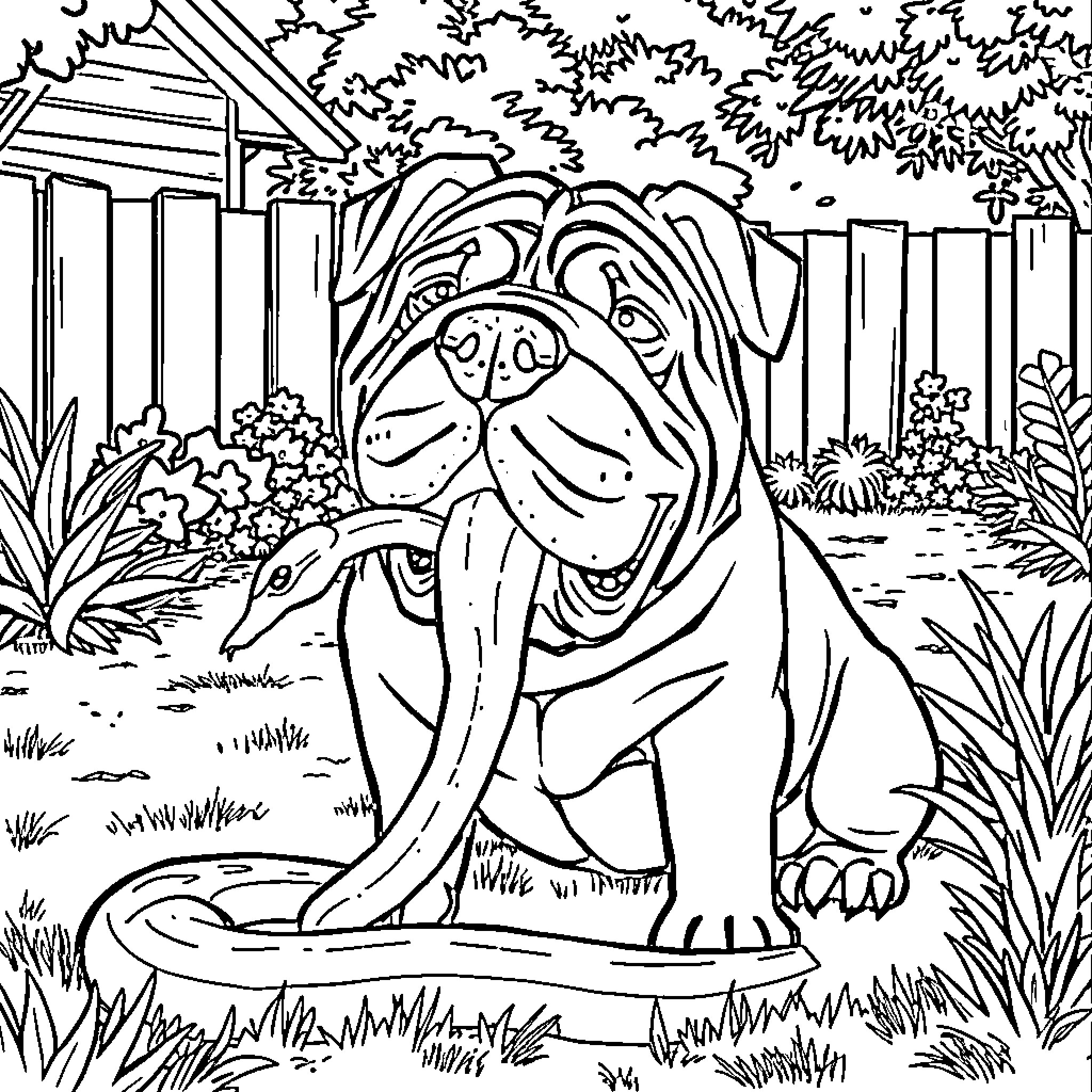 Shar Pei dog enjoying the outdoors Coloring Page (free black-and-white line drawing printable PDF for all, from beginners to advanced learners, including children, teens, adults, and seniors)