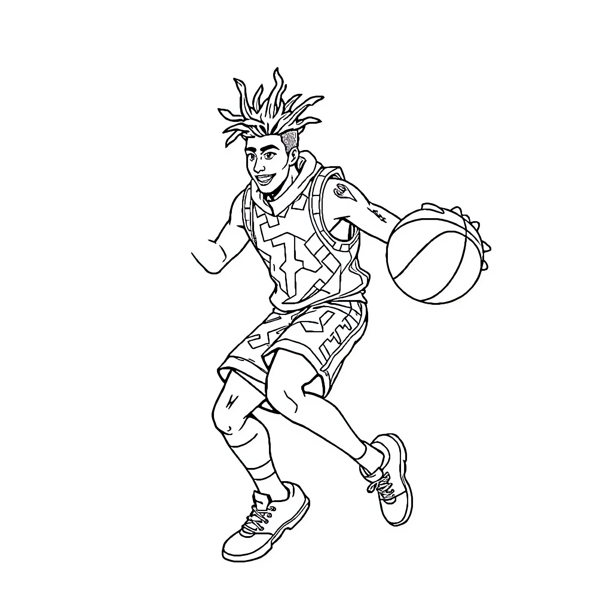 Axo Basketball Player Dribbling Energetically Coloring Page (free black-and-white line drawing printable PDF for all, from beginners to advanced learners, including children, teens, adults, and seniors)