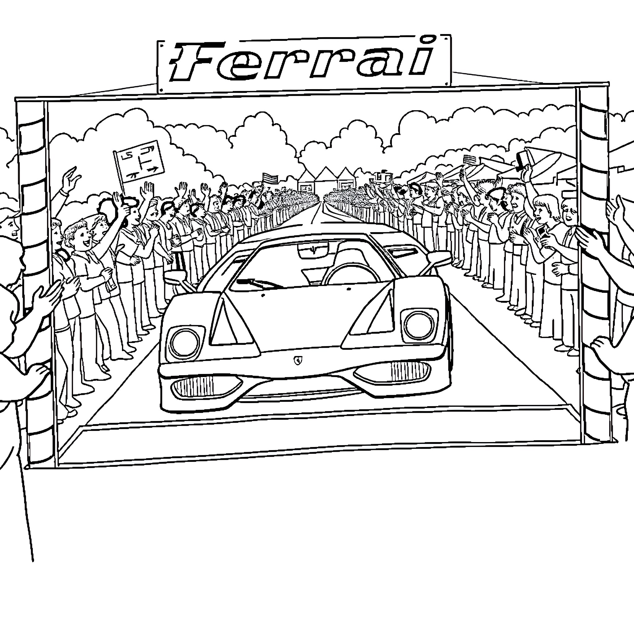 Ferrari race event with enthusiastic crowd Coloring Page (free black-and-white line drawing printable PDF for all, from beginners to advanced learners, including children, teens, adults, and seniors)