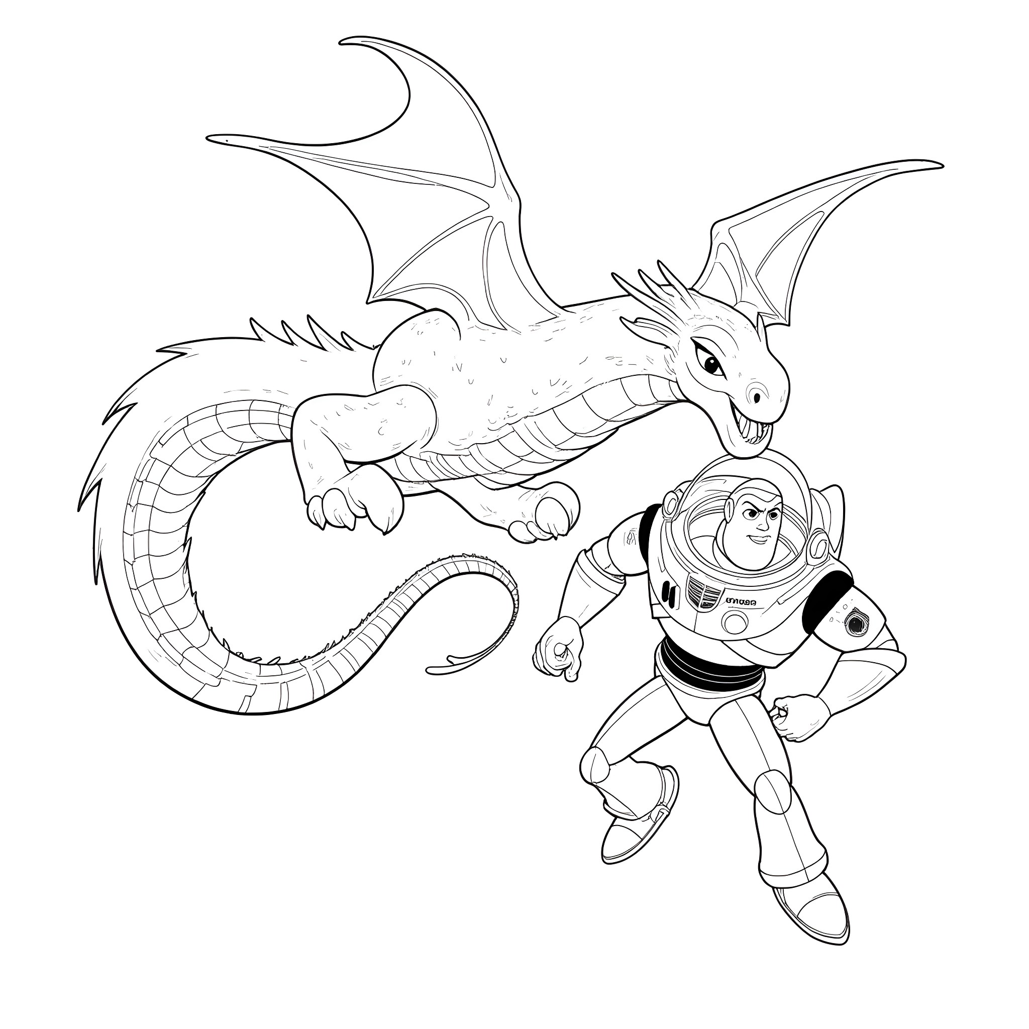Buzz Lightyear encountering a mighty dragon Coloring Page (free black-and-white line drawing printable PDF for all, from beginners to advanced learners, including children, teens, adults, and seniors)