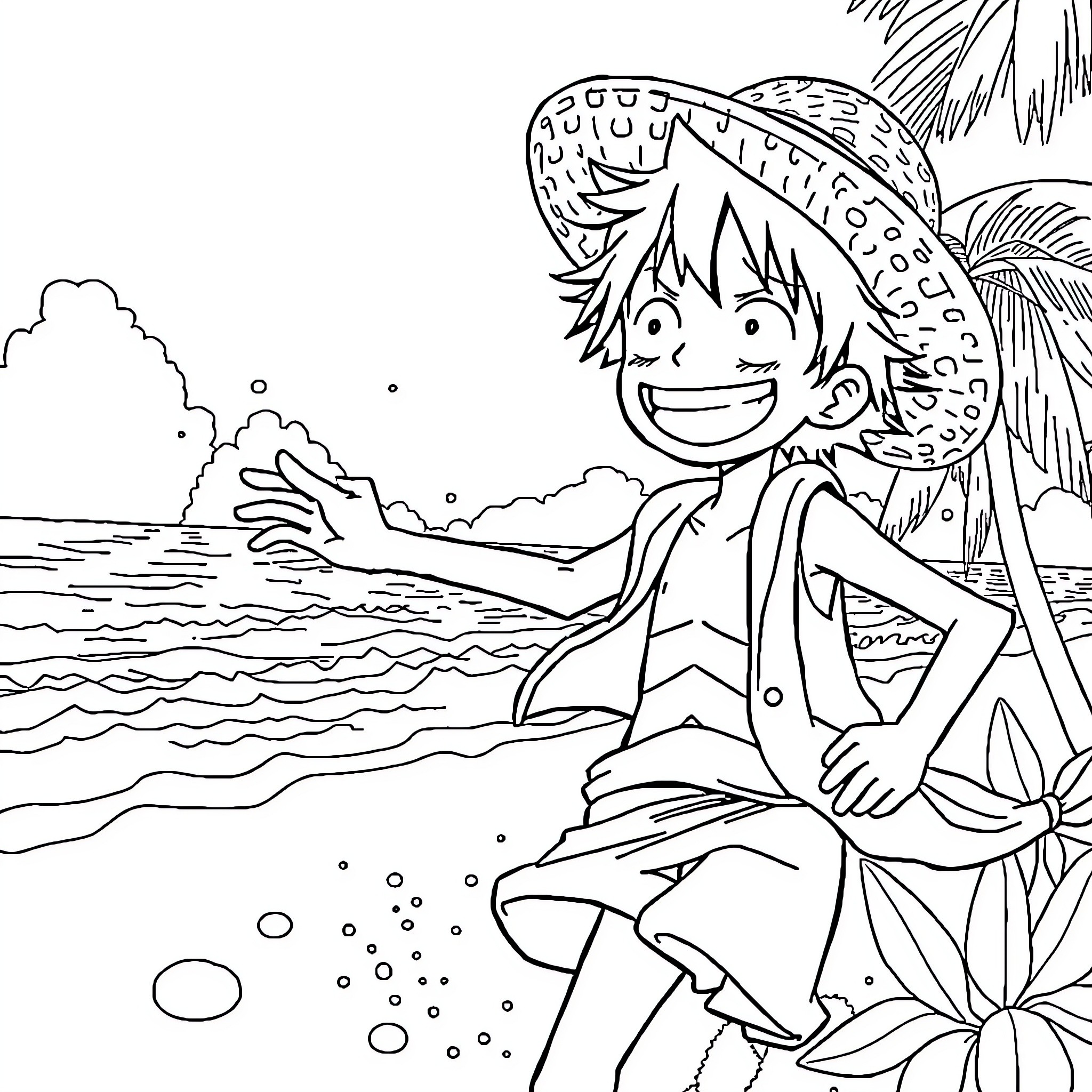Luffy enjoying a tropical beach adventure Coloring Page (free black-and-white line drawing printable PDF for all, from beginners to advanced learners, including children, teens, adults, and seniors)