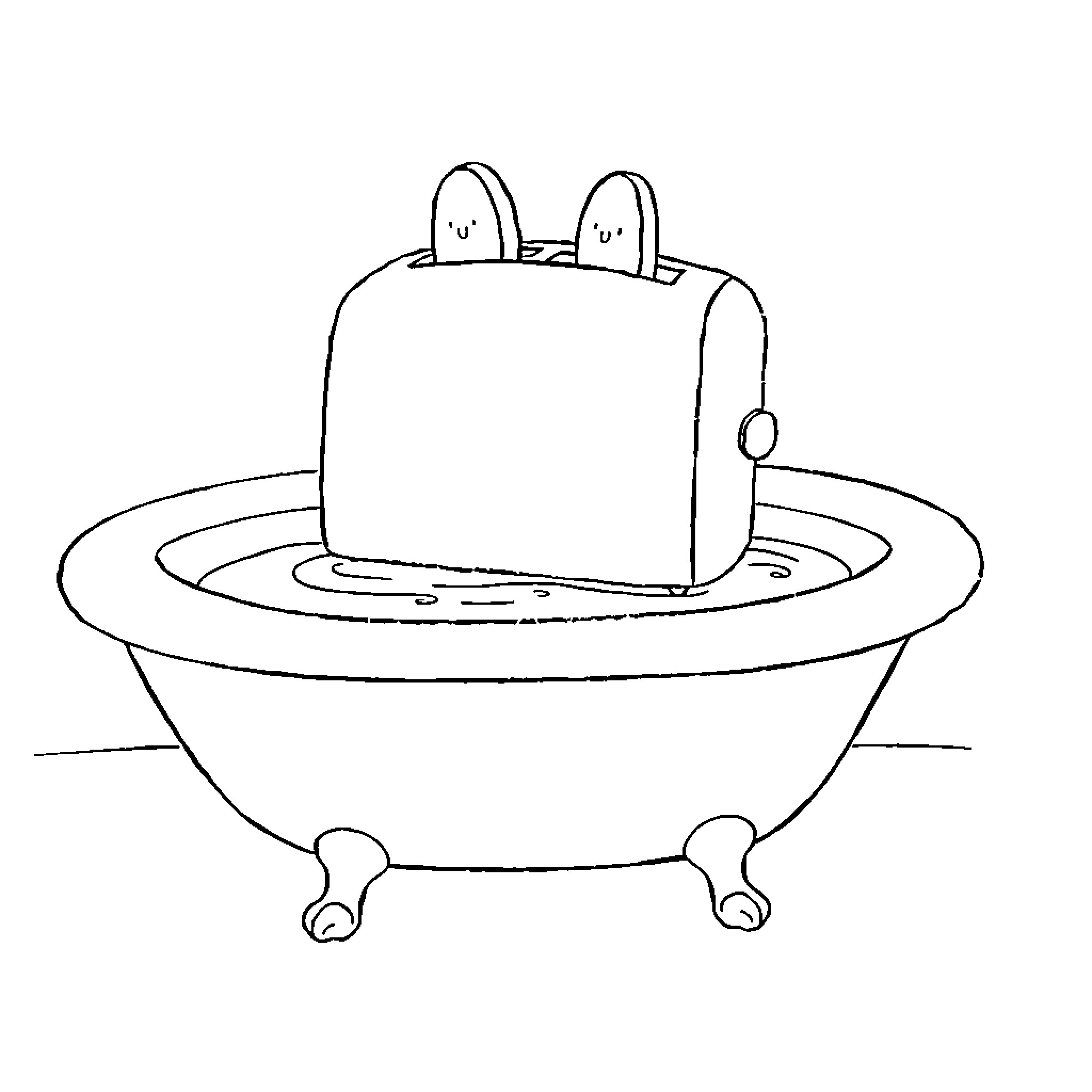Toaster relaxing in a bubble bath Coloring Page (free black-and-white line drawing printable PDF for all, from beginners to advanced learners, including children, teens, adults, and seniors)