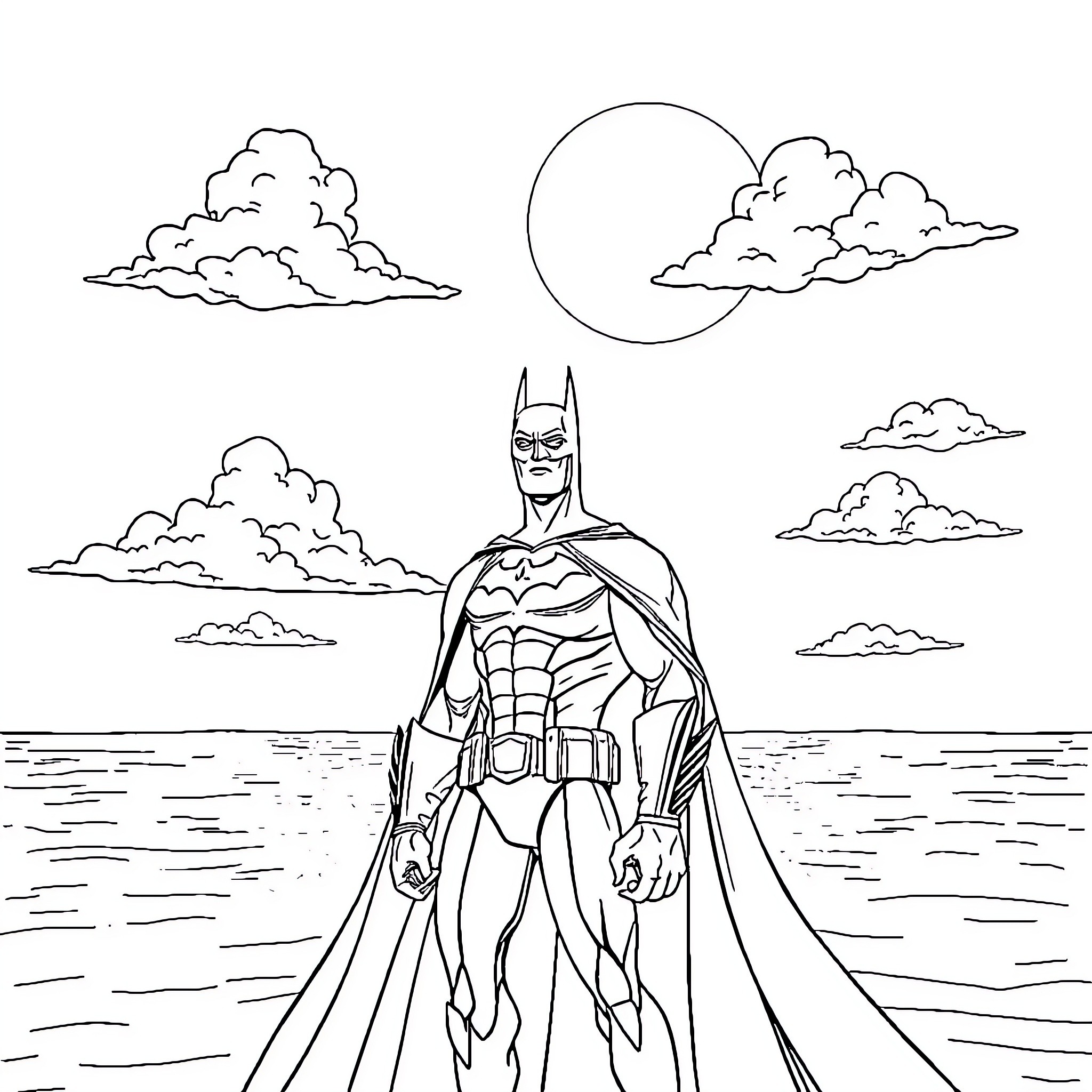 Batman standing tall against the night sky Coloring Page (free black-and-white line drawing printable PDF for all, from beginners to advanced learners, including children, teens, adults, and seniors)