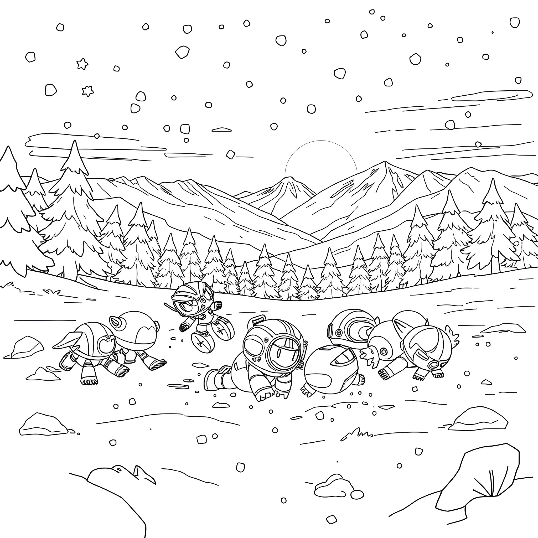 Bakugan characters exploring snowy winter landscape Coloring Page (free black-and-white line drawing printable PDF for all, from beginners to advanced learners, including children, teens, adults, and seniors)
