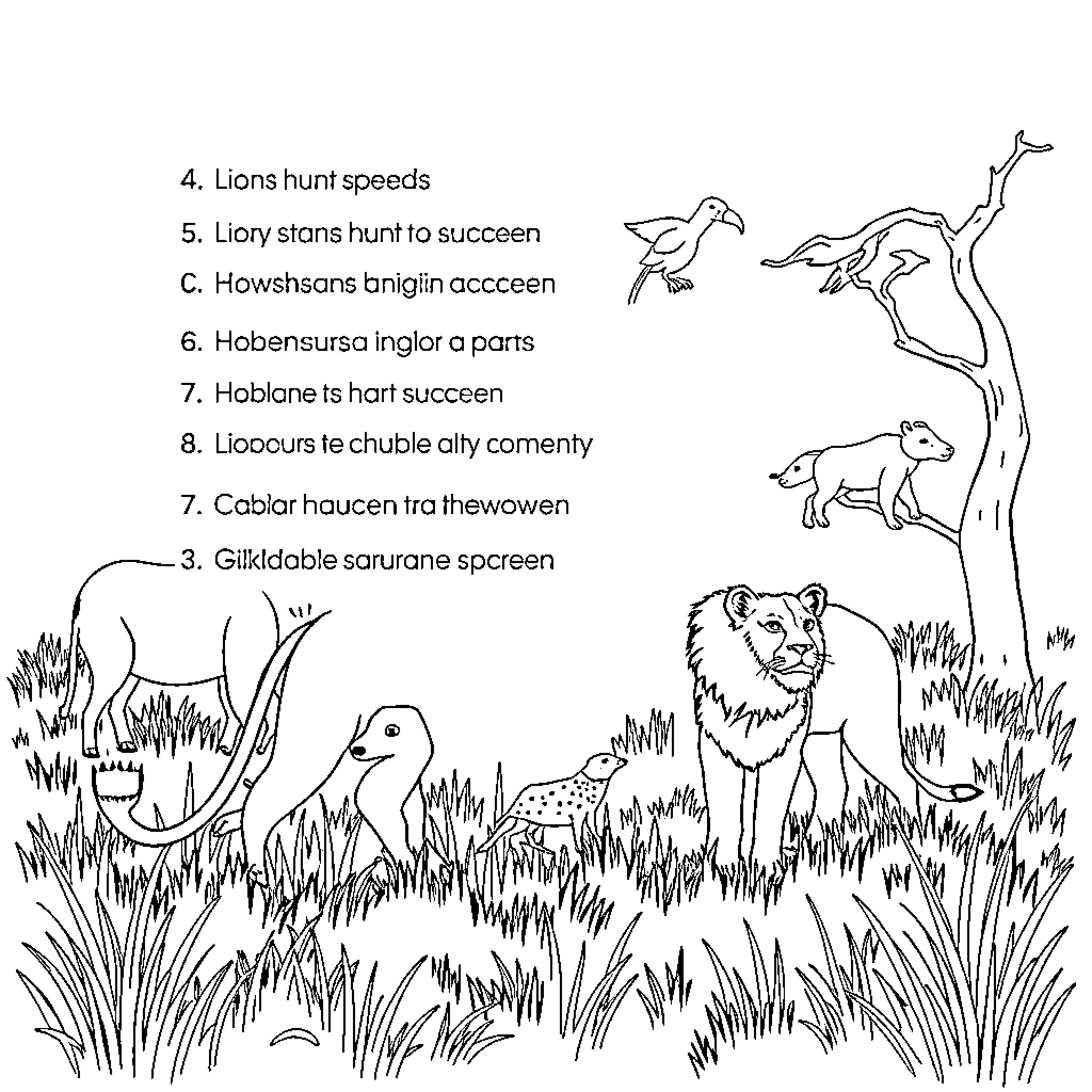 Animals hunt and roam in the wild landscape Coloring Page (free black-and-white line drawing printable PDF for all, from beginners to advanced learners, including children, teens, adults, and seniors)