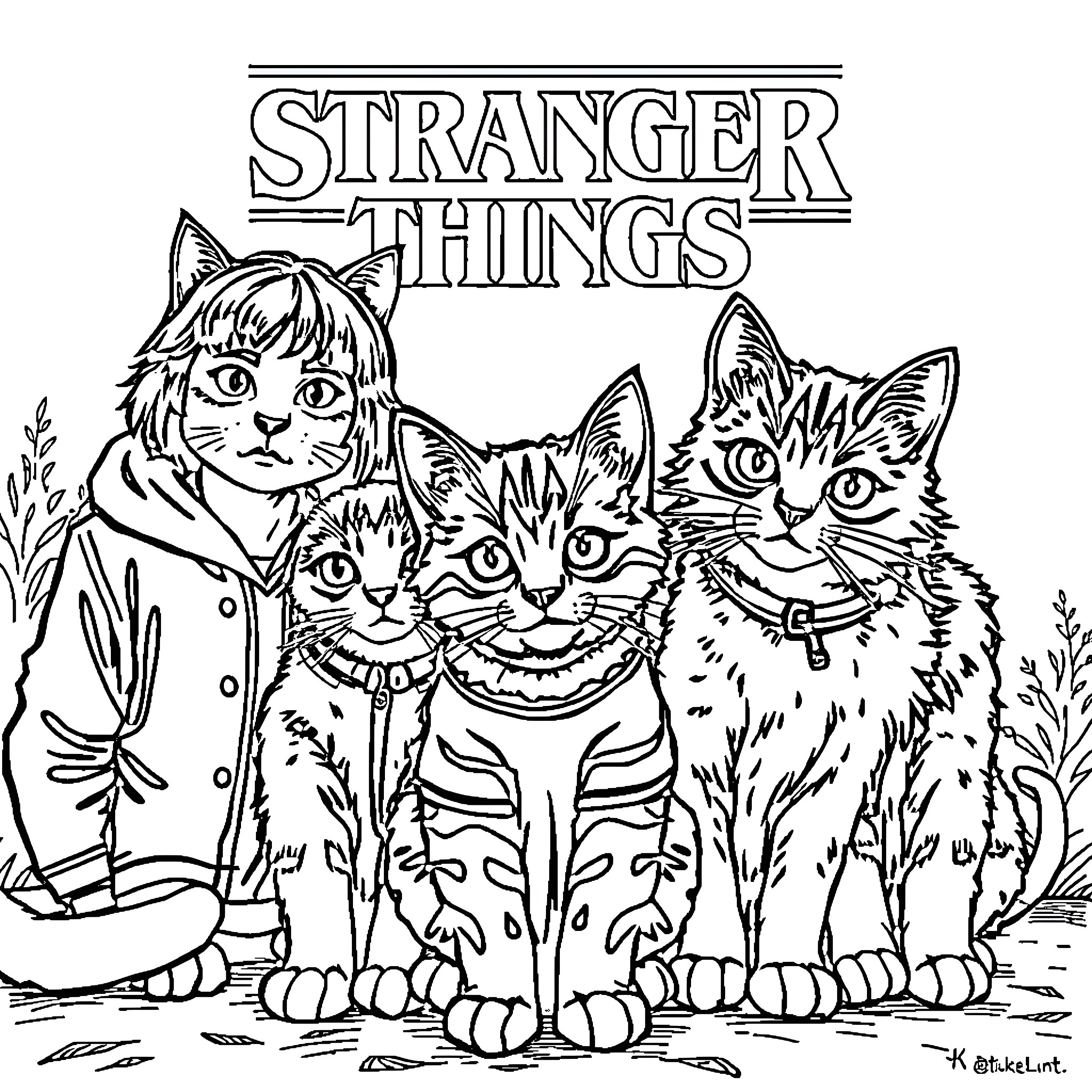 Cat characters in Stranger Things-inspired scene Coloring Page (free black-and-white line drawing printable PDF for all, from beginners to advanced learners, including children, teens, adults, and seniors)