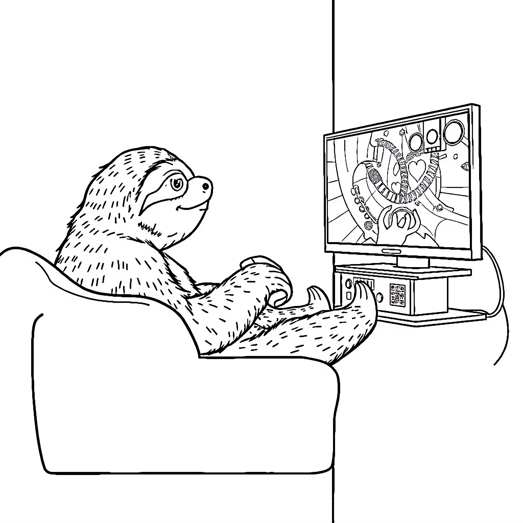 Sloth relaxing and watching TV Coloring Page (free black-and-white line drawing printable PDF for all, from beginners to advanced learners, including children, teens, adults, and seniors)