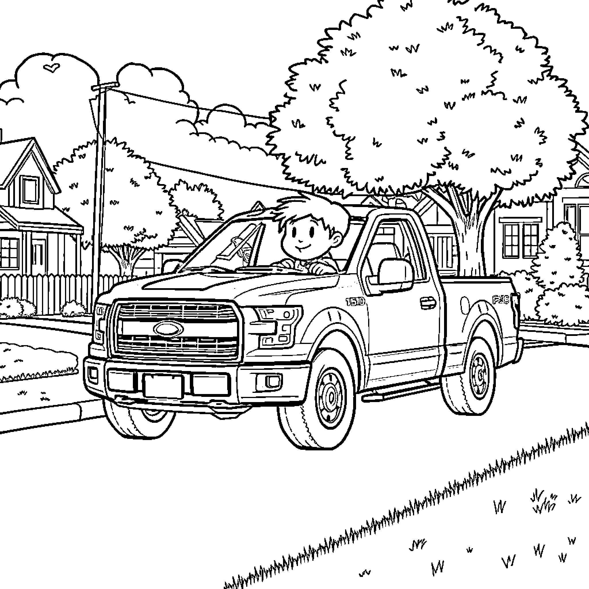 F150 truck driving through a suburban neighborhood Coloring Page (free black-and-white line drawing printable PDF for all, from beginners to advanced learners, including children, teens, adults, and seniors)