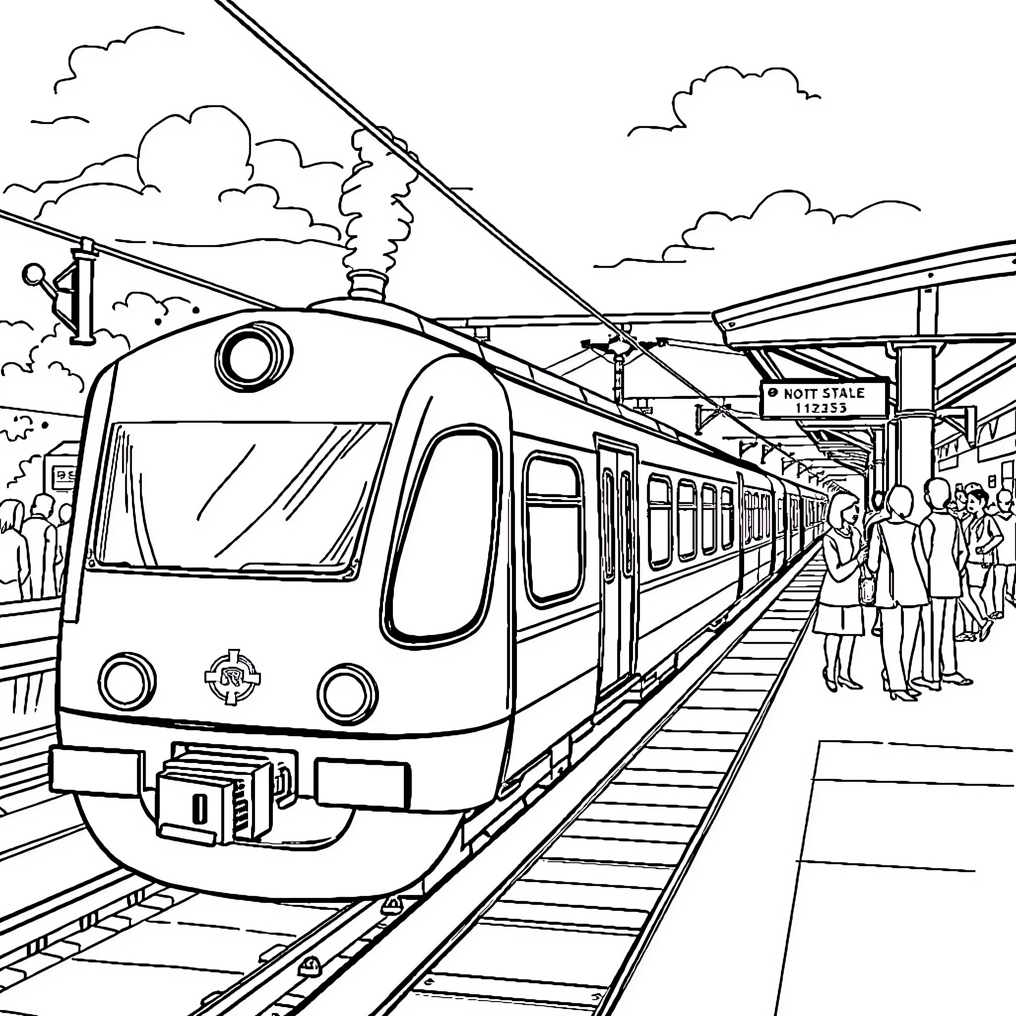 Train arriving at busy station platform Coloring Page (free black-and-white line drawing printable PDF for all, from beginners to advanced learners, including children, teens, adults, and seniors)
