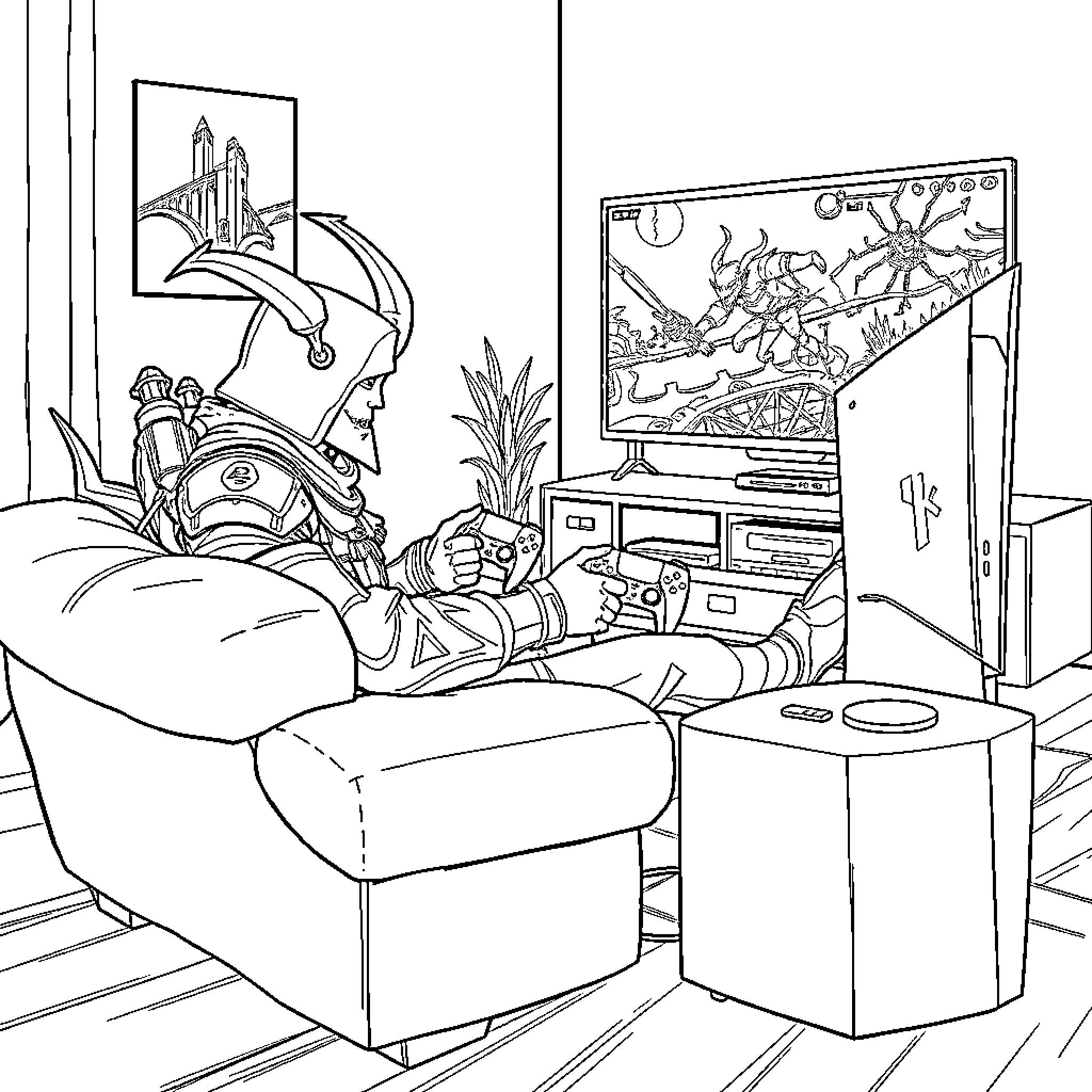 Demon Hunter relaxes after a battle on the couch Coloring Page (free black-and-white line drawing printable PDF for all, from beginners to advanced learners, including children, teens, adults, and seniors)
