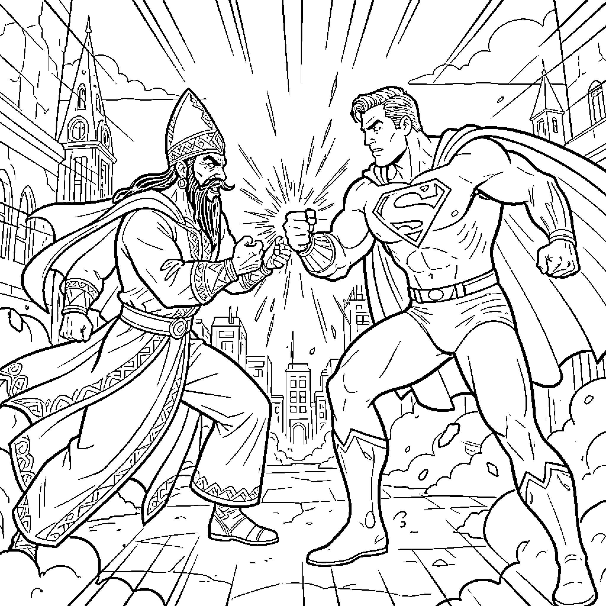Jafar and a superhero facing off in a battle Coloring Page (free black-and-white line drawing printable PDF for all, from beginners to advanced learners, including children, teens, adults, and seniors)
