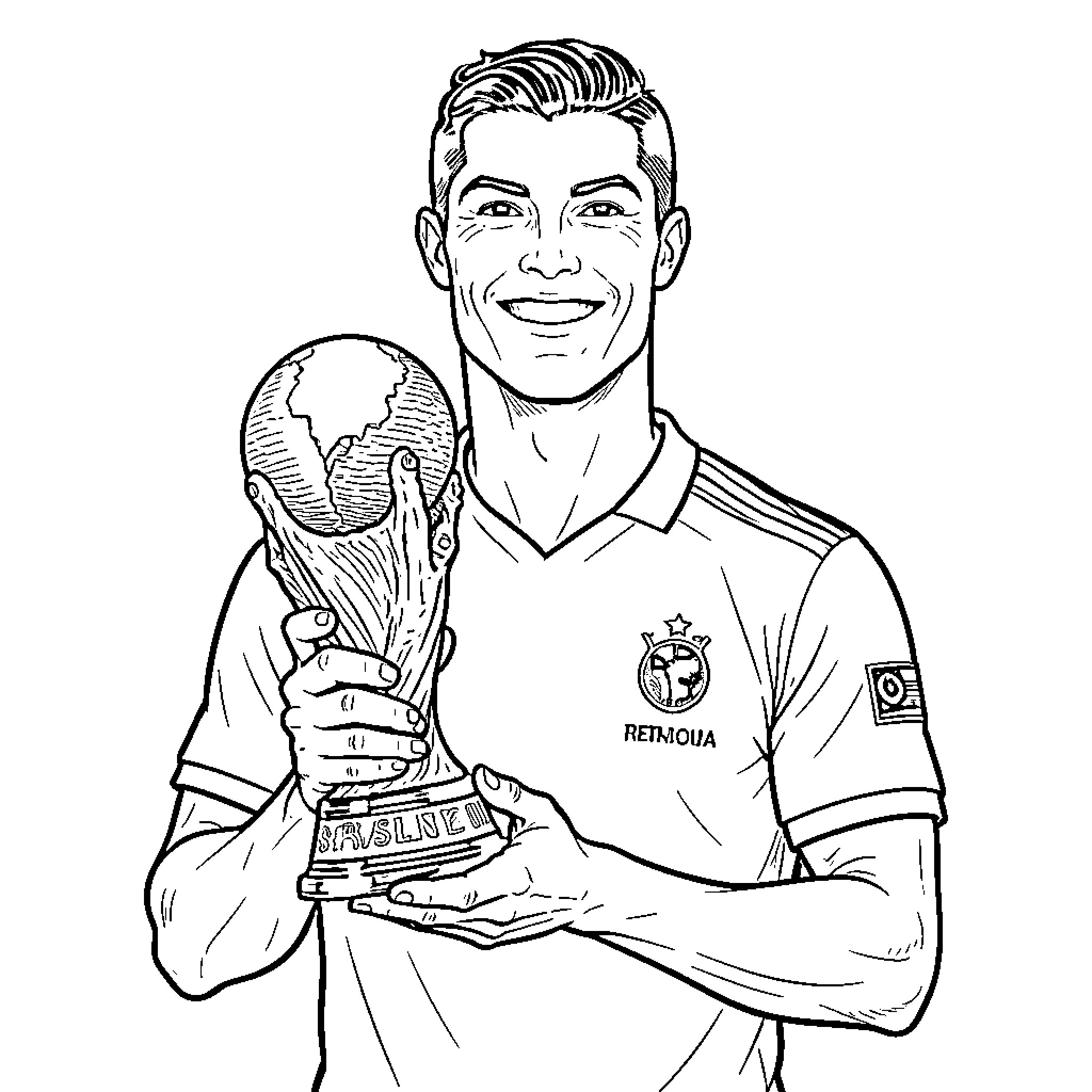 Cristiano Ronaldo smiling while holding a trophy Coloring Page (free black-and-white line drawing printable PDF for all, from beginners to advanced learners, including children, teens, adults, and seniors)