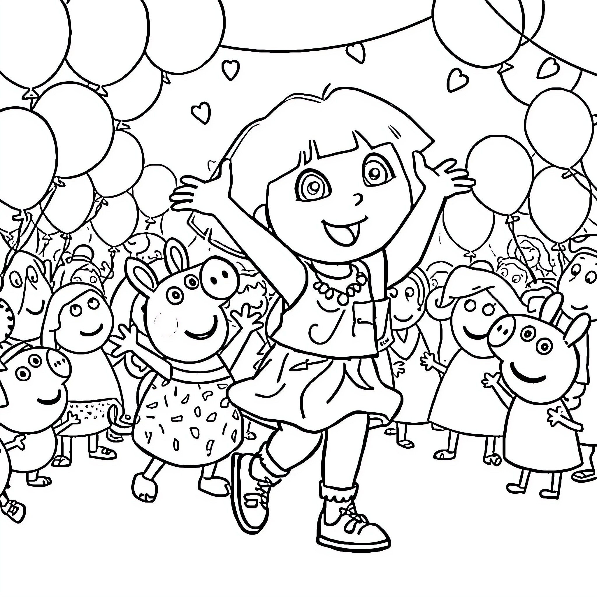 Dora's Joyful Birthday Party with Friends Coloring Page (free black-and-white line drawing printable PDF for all, from beginners to advanced learners, including children, teens, adults, and seniors)