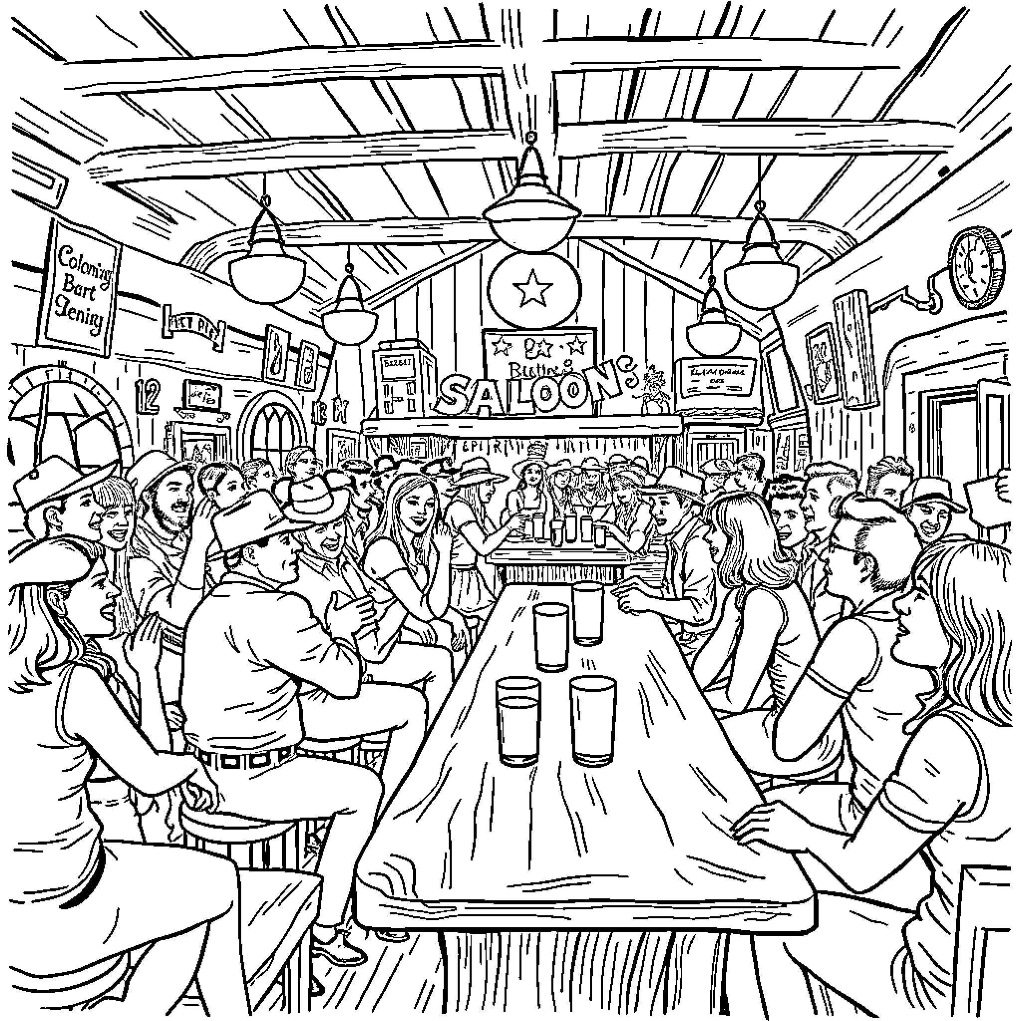 Saloon Crowd Enjoying Drinks and Conversation Coloring Page (free black-and-white line drawing printable PDF for all, from beginners to advanced learners, including children, teens, adults, and seniors)