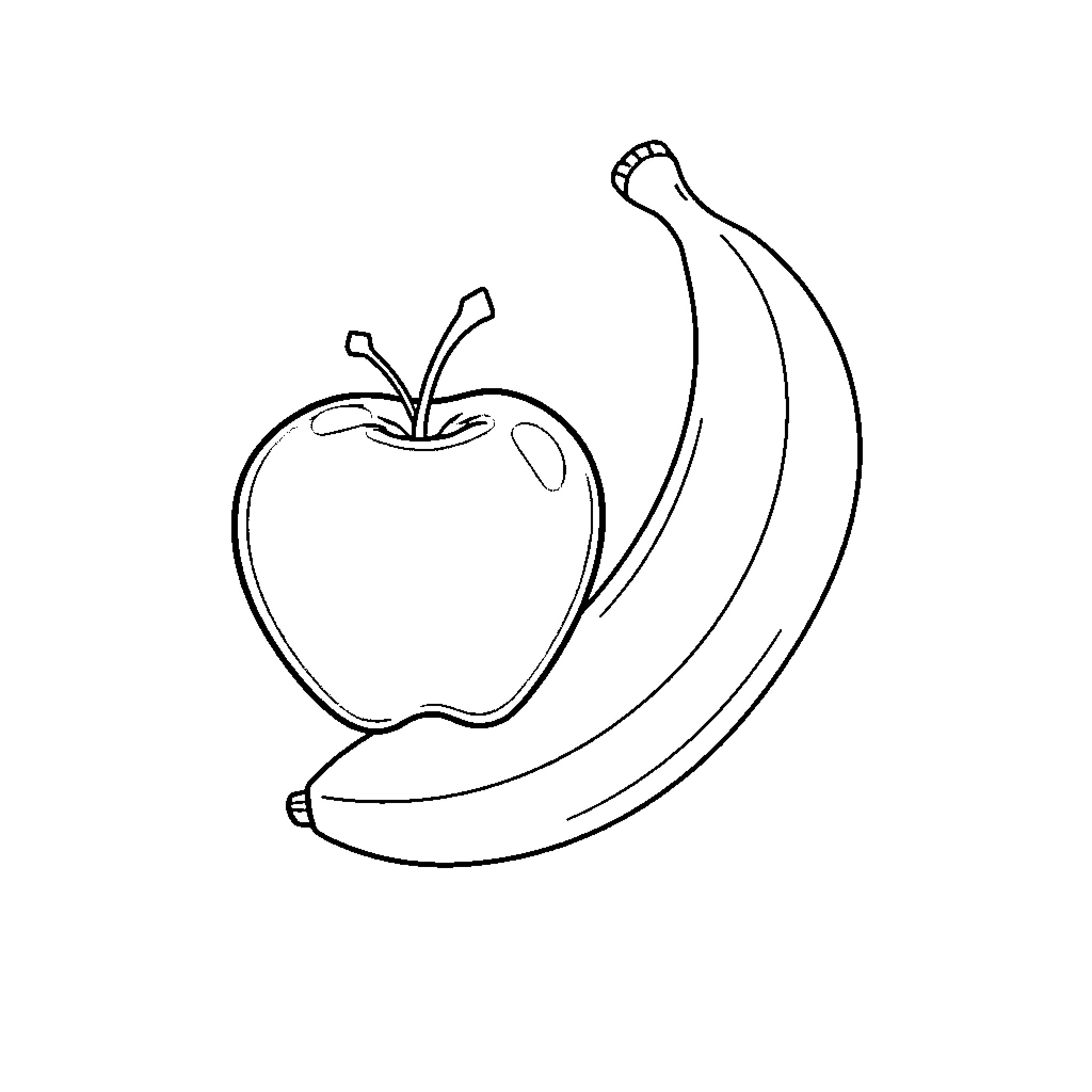 Apple and banana outline drawing Coloring Page (free black-and-white line drawing printable PDF for all, from beginners to advanced learners, including children, teens, adults, and seniors)