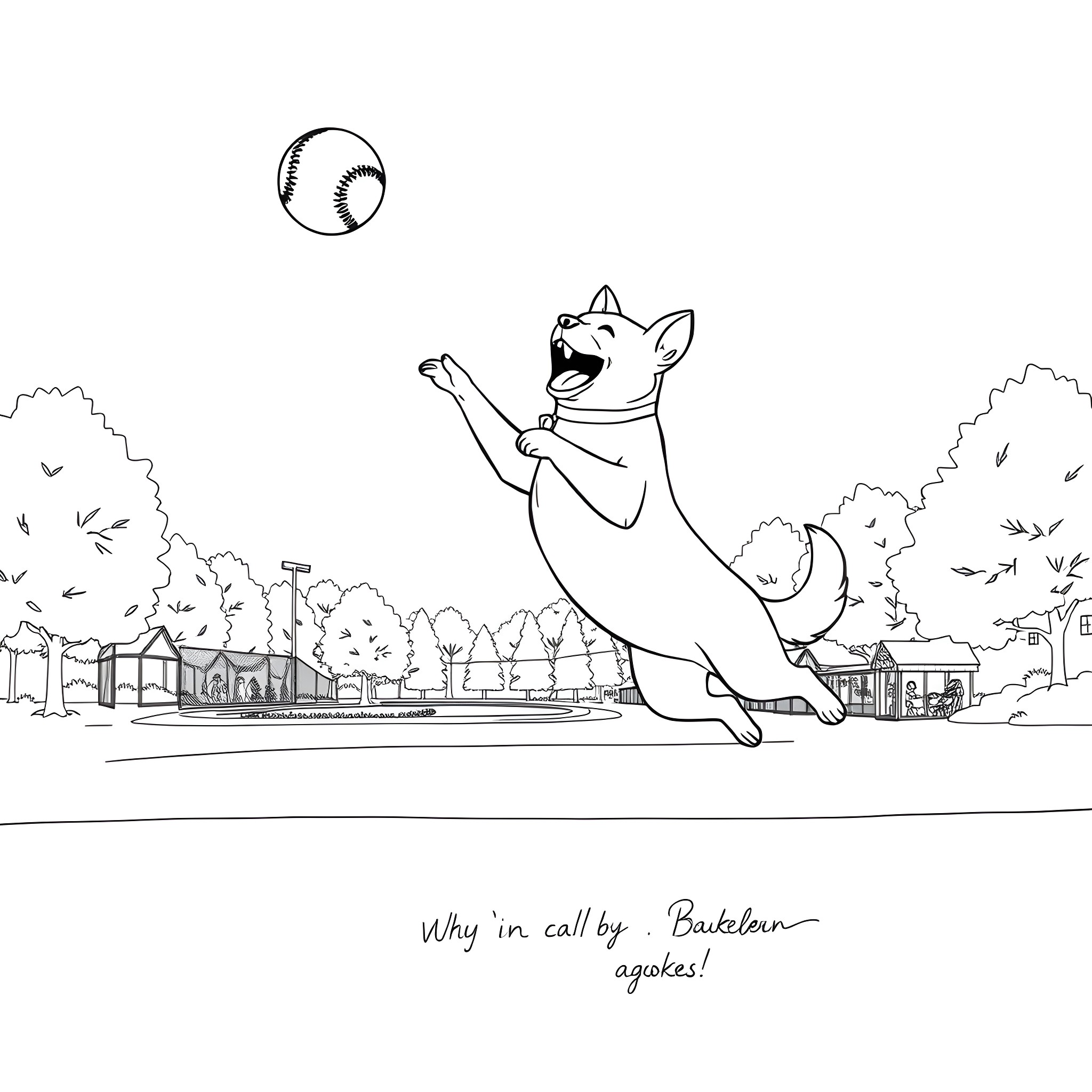 Dog playing with a ball in the park Coloring Page (free black-and-white line drawing printable PDF for all, from beginners to advanced learners, including children, teens, adults, and seniors)