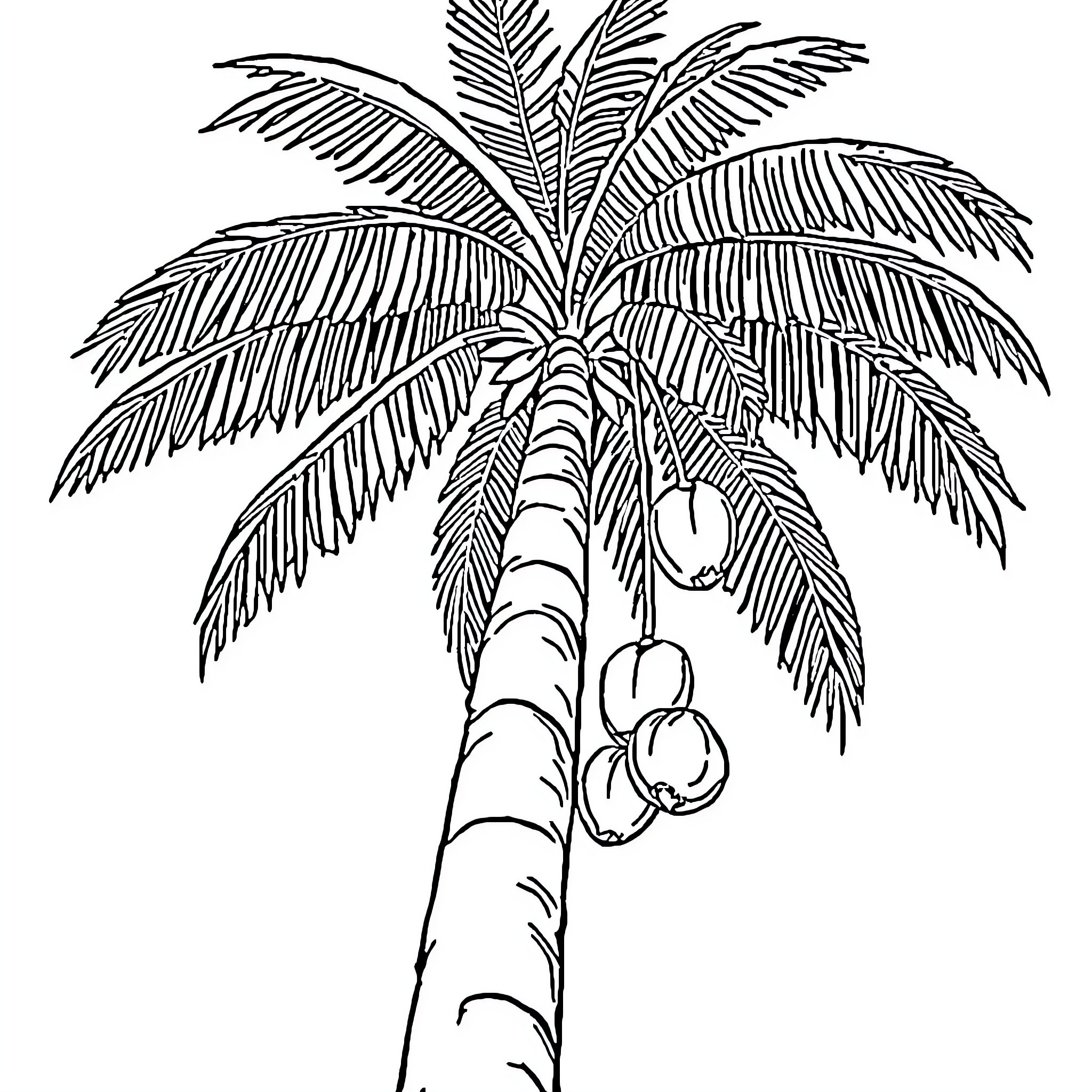 Coconut Tree with Fruit Coloring Page (free black-and-white line drawing printable PDF for all, from beginners to advanced learners, including children, teens, adults, and seniors)