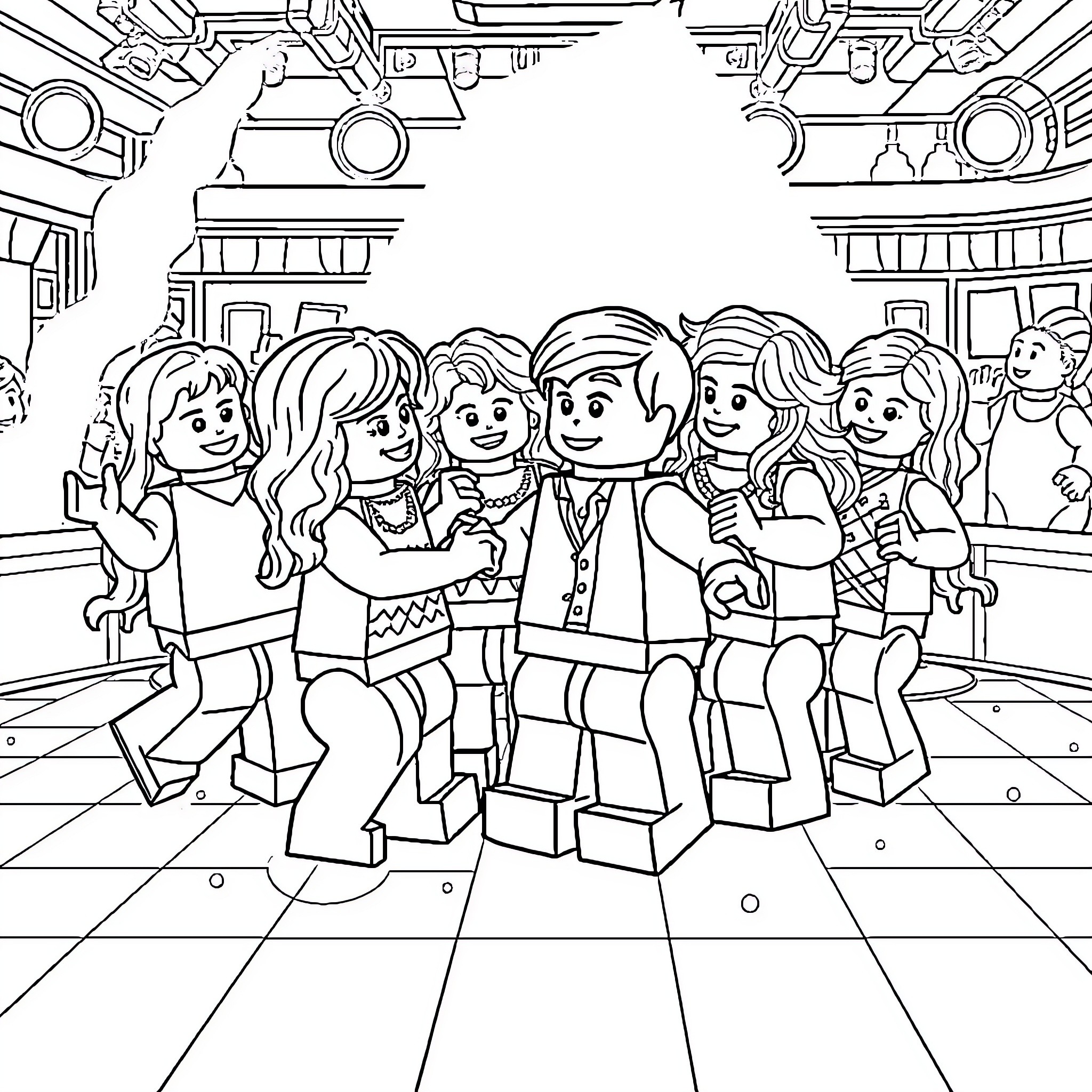 Lego People Posing for a Group Photo Coloring Page (free black-and-white line drawing printable PDF for all, from beginners to advanced learners, including children, teens, adults, and seniors)