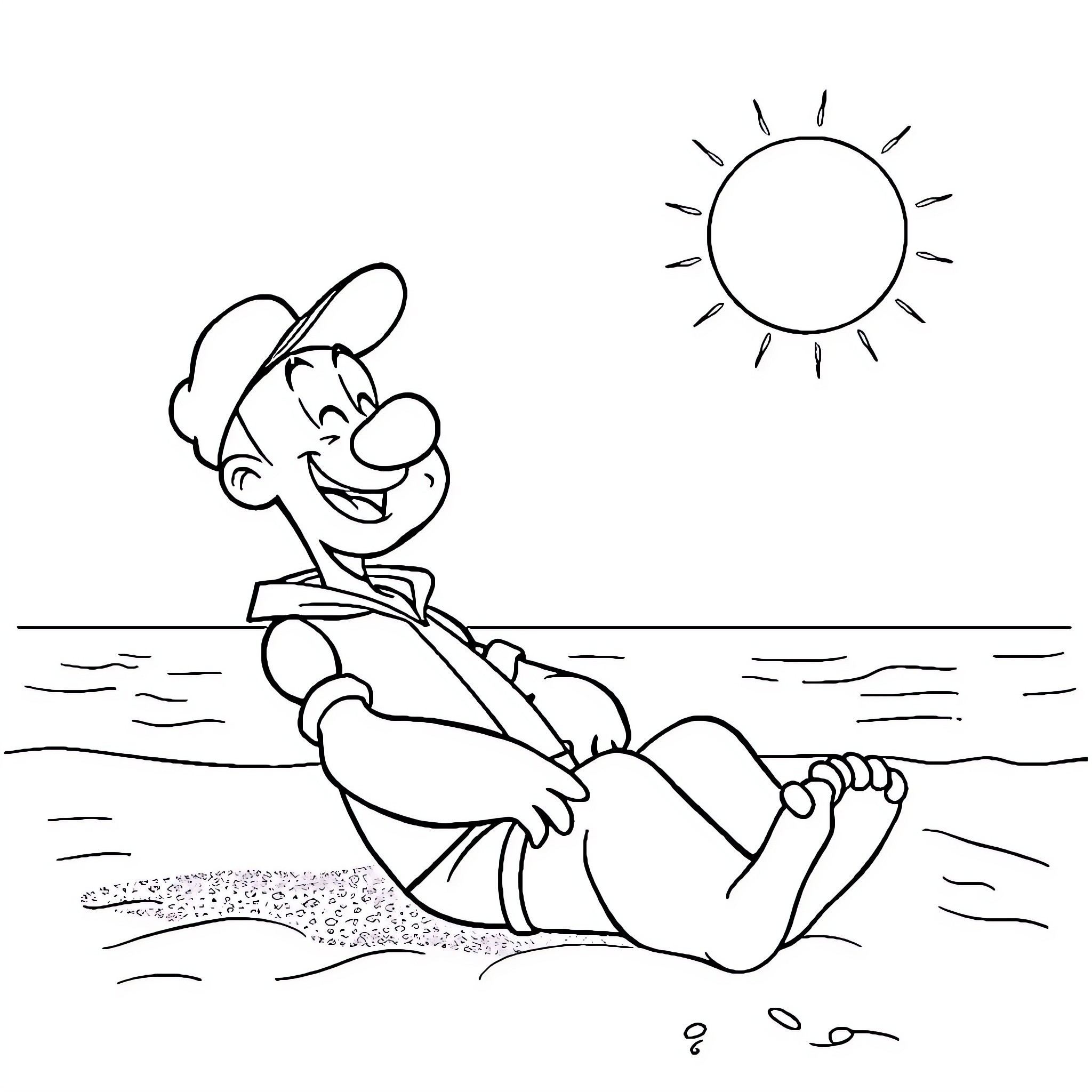 Popeye relaxing on the beach under the sun Coloring Page (free black-and-white line drawing printable PDF for all, from beginners to advanced learners, including children, teens, adults, and seniors)