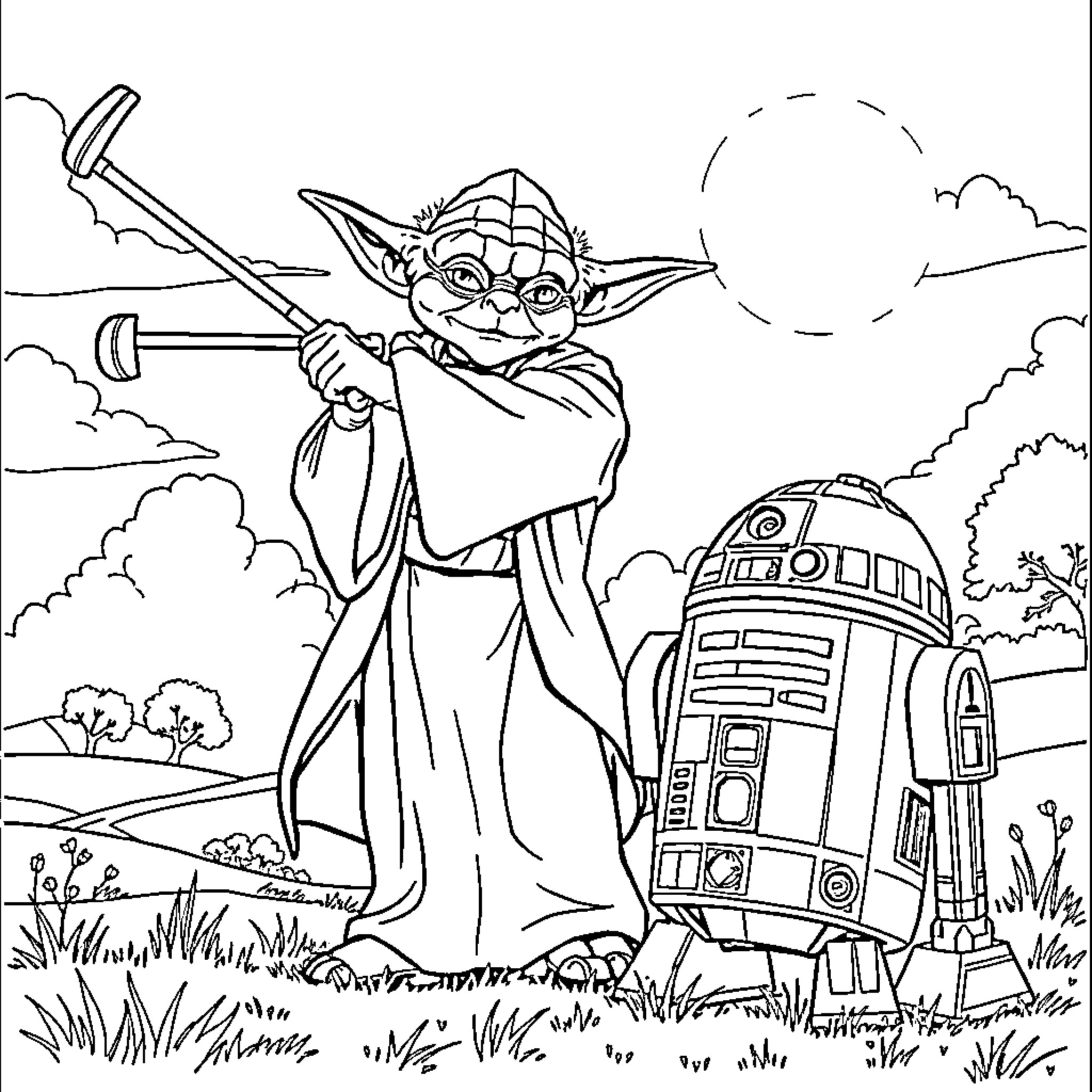 Yoda wielding lightsaber in serene landscape Coloring Page (free black-and-white line drawing printable PDF for all, from beginners to advanced learners, including children, teens, adults, and seniors)