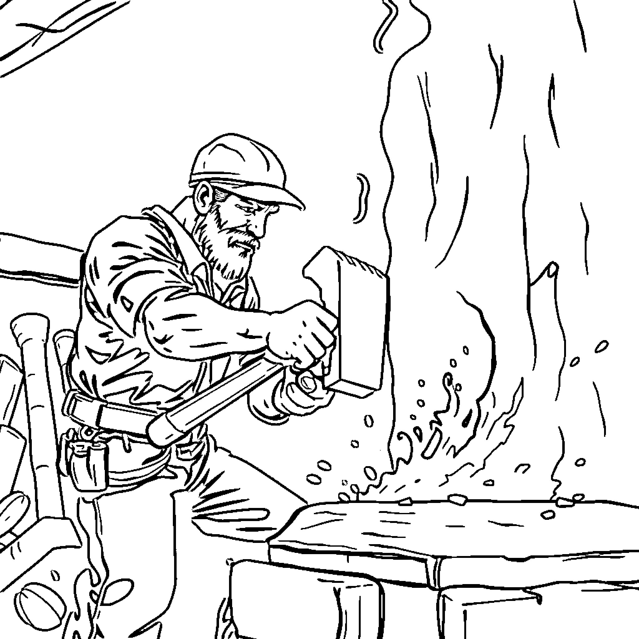 Foreman Operating Power Tool with Concentration Coloring Page (free black-and-white line drawing printable PDF for all, from beginners to advanced learners, including children, teens, adults, and seniors)