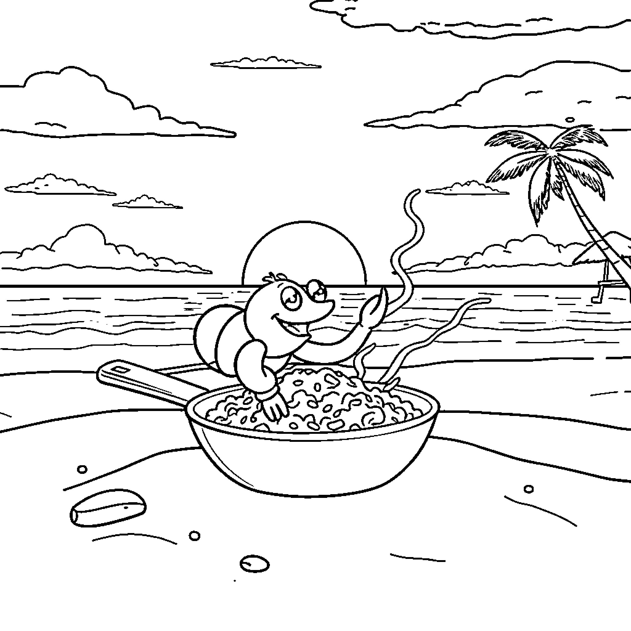 Shrimp relaxing in a tropical bowl by the beach Coloring Page (free black-and-white line drawing printable PDF for all, from beginners to advanced learners, including children, teens, adults, and seniors)