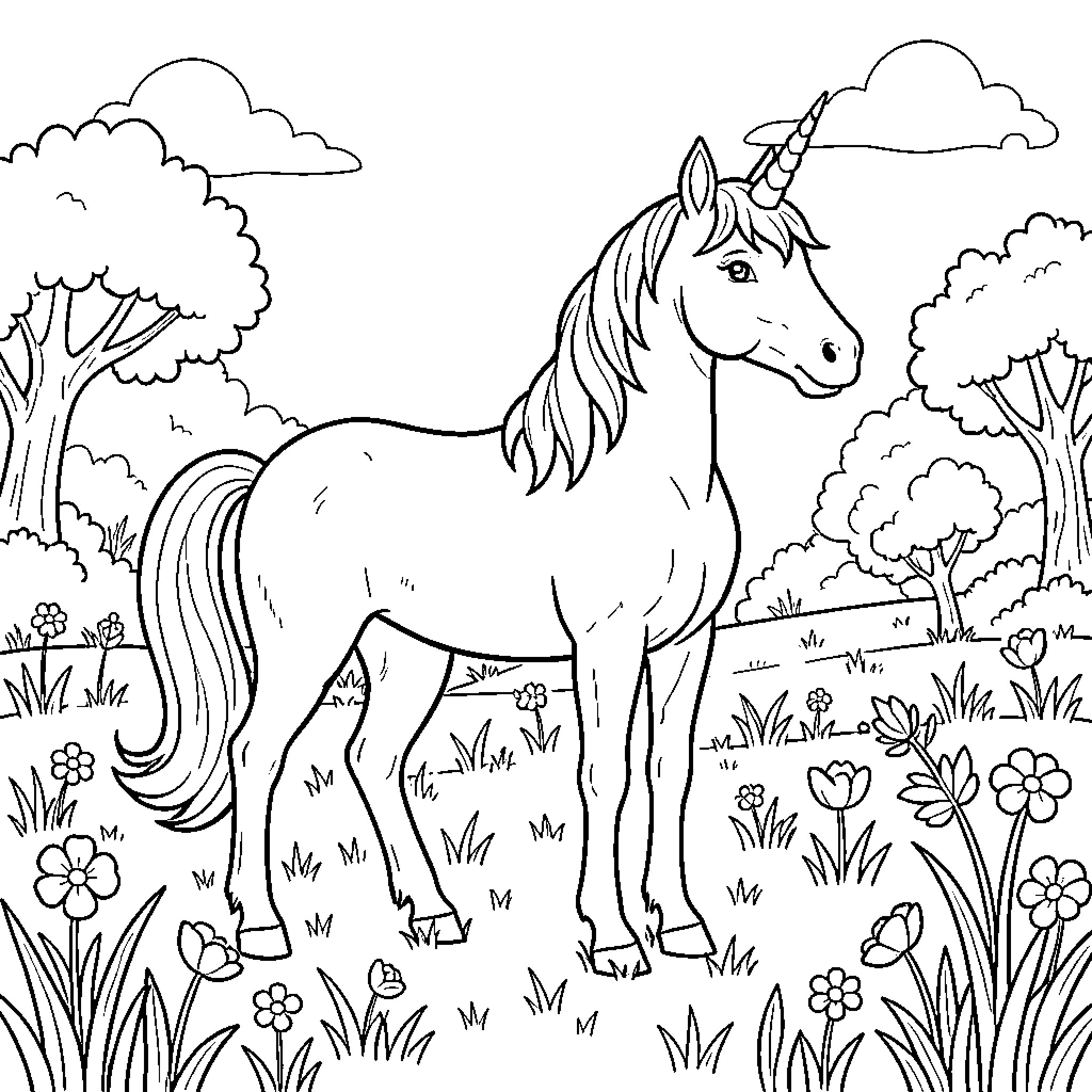 Unicorn standing peacefully in a flowery meadow Coloring Page (free black-and-white line drawing printable PDF for all, from beginners to advanced learners, including children, teens, adults, and seniors)