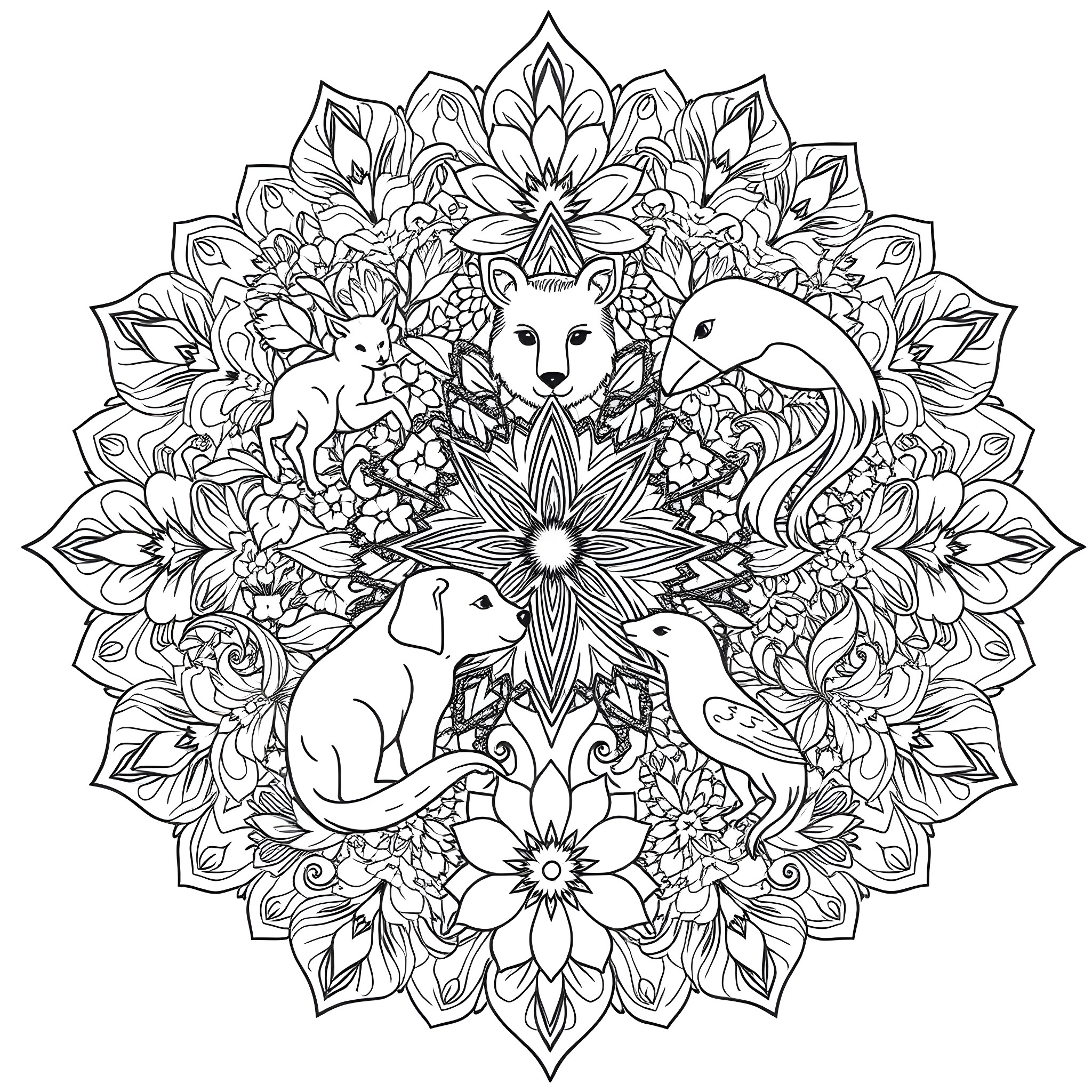 Mandala of Whimsical Wildlife in Floral Setting Coloring Page (free black-and-white line drawing printable PDF for all, from beginners to advanced learners, including children, teens, adults, and seniors)