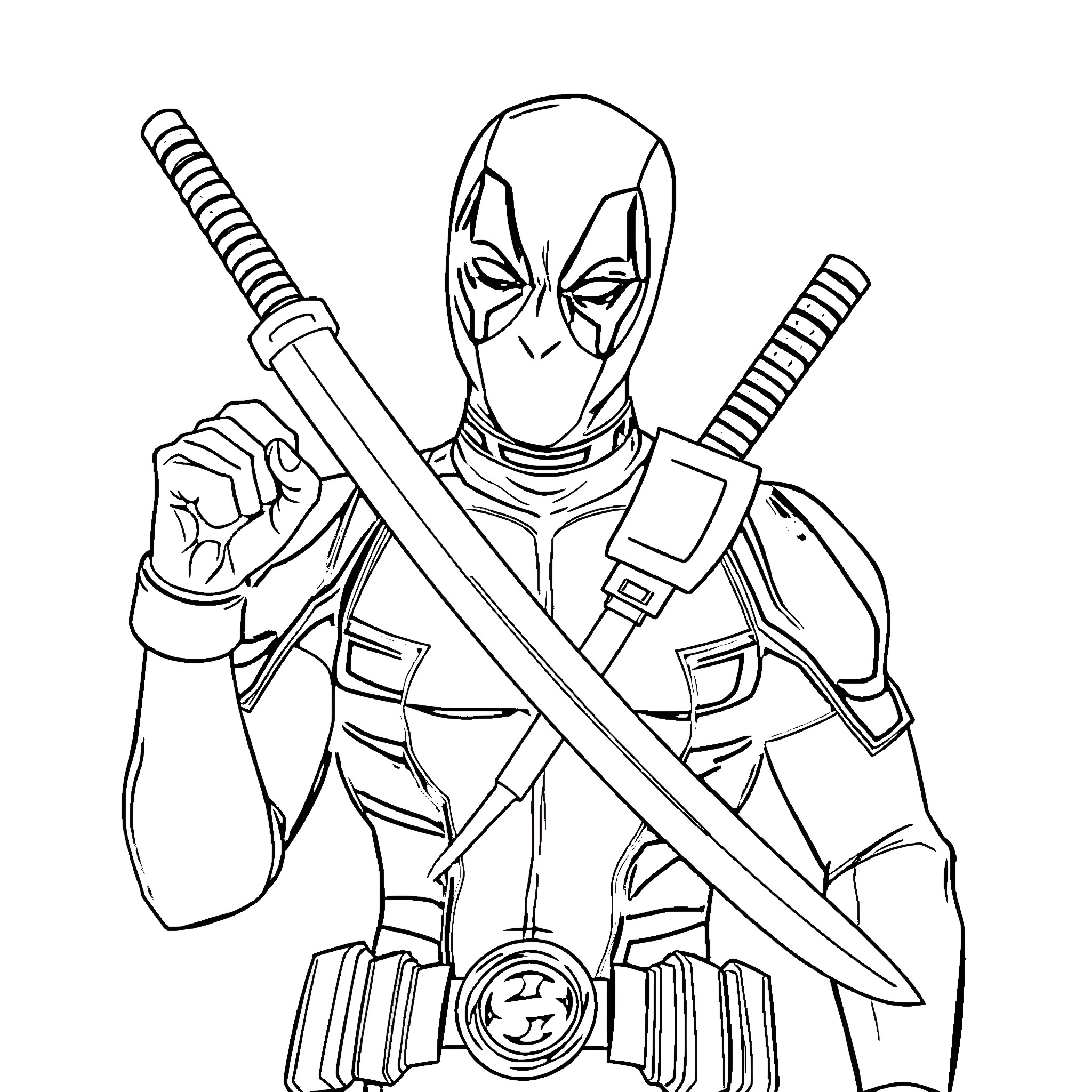 Deadpool in Action, Wielding Swords and Weaponry Coloring Page (free black-and-white line drawing printable PDF for all, from beginners to advanced learners, including children, teens, adults, and seniors)