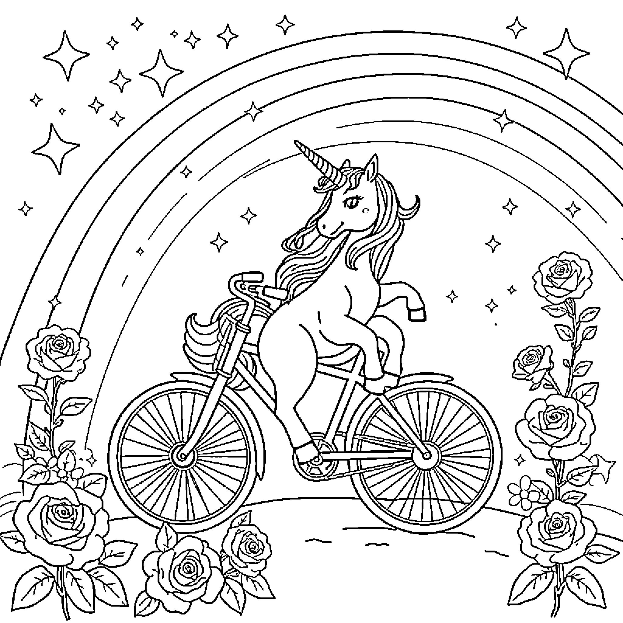 Unicorn riding a bicycle in a magical garden Coloring Page (free black-and-white line drawing printable PDF for all, from beginners to advanced learners, including children, teens, adults, and seniors)