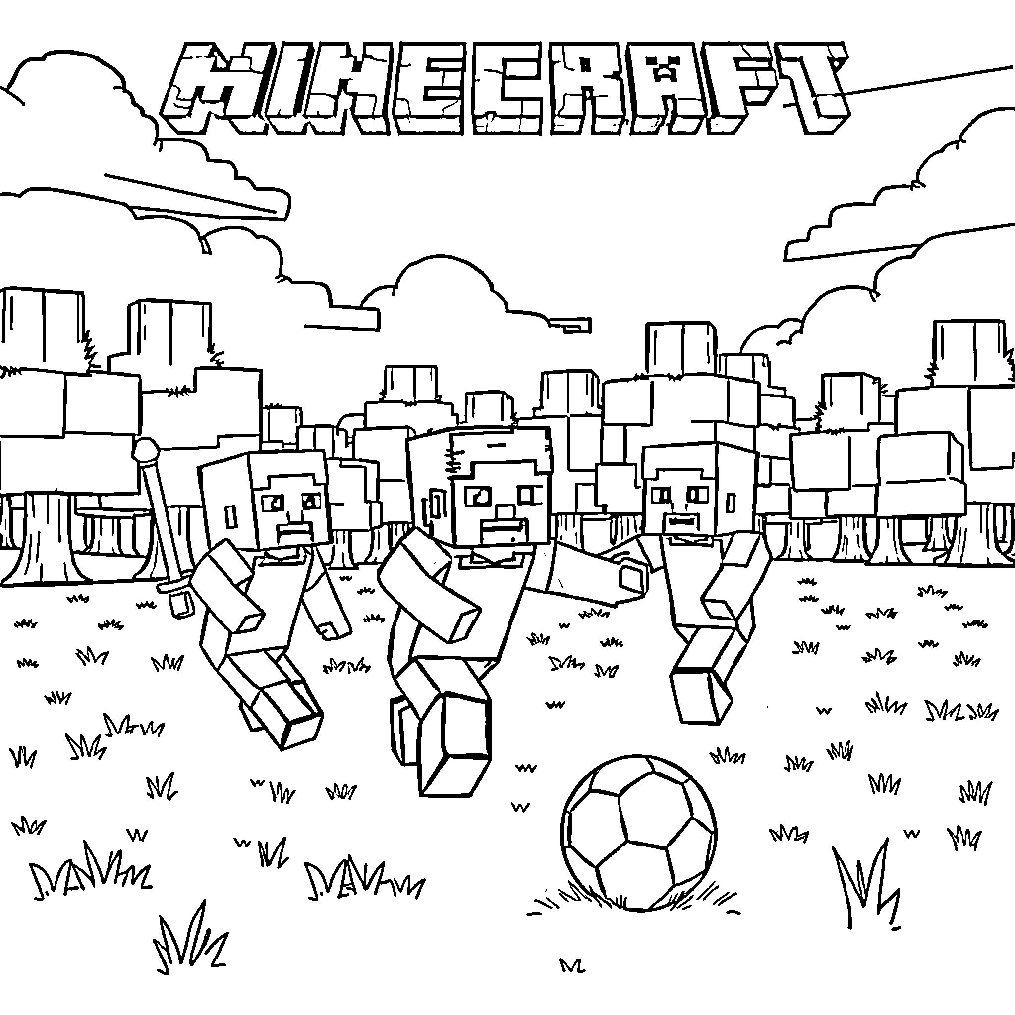 Minecraft characters playing soccer in a scenic town Coloring Page (free black-and-white line drawing printable PDF for all, from beginners to advanced learners, including children, teens, adults, and seniors)